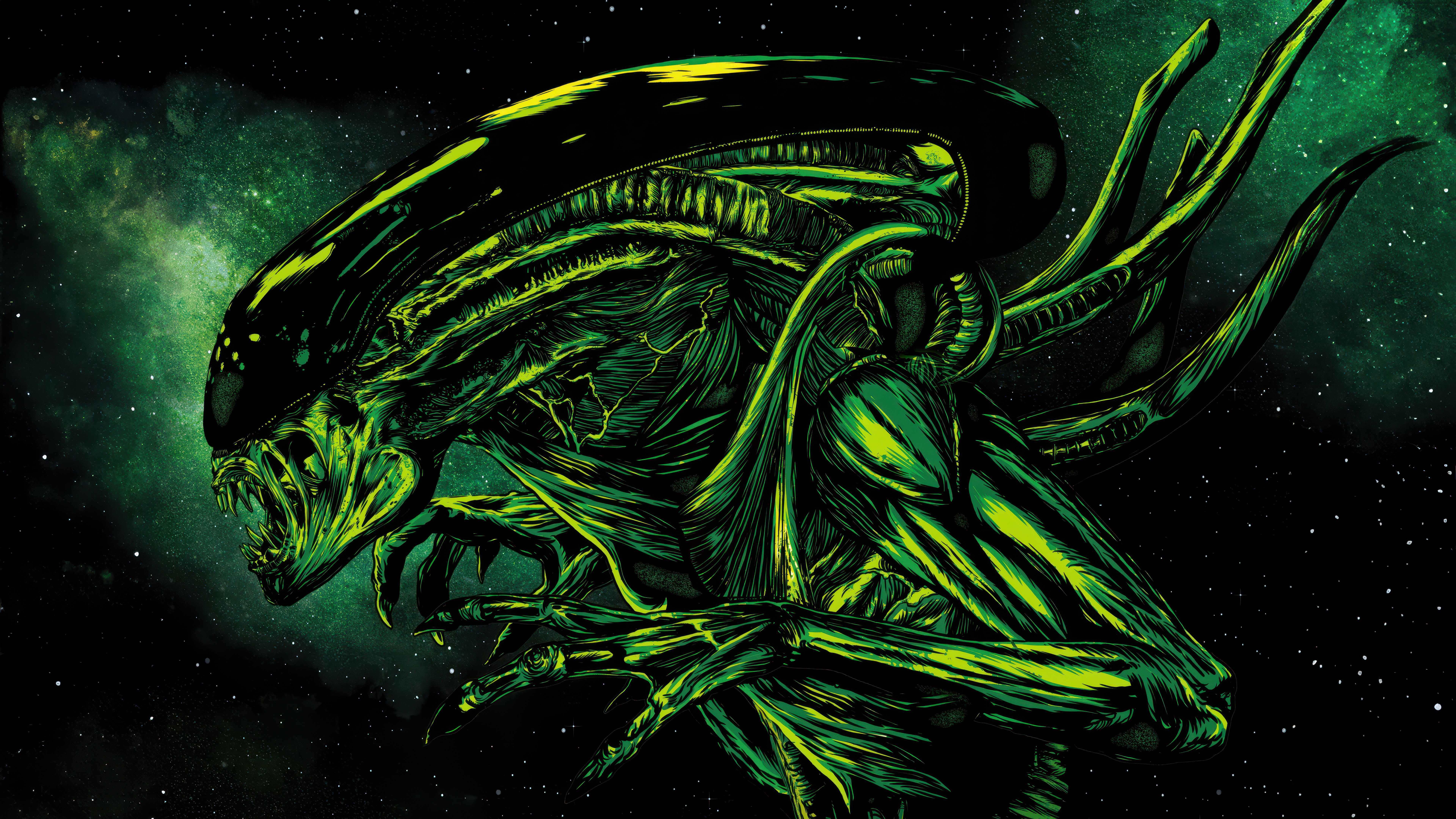 Alien, Xenomorfo, Verde, Fondo oscuro, 5K, 8K