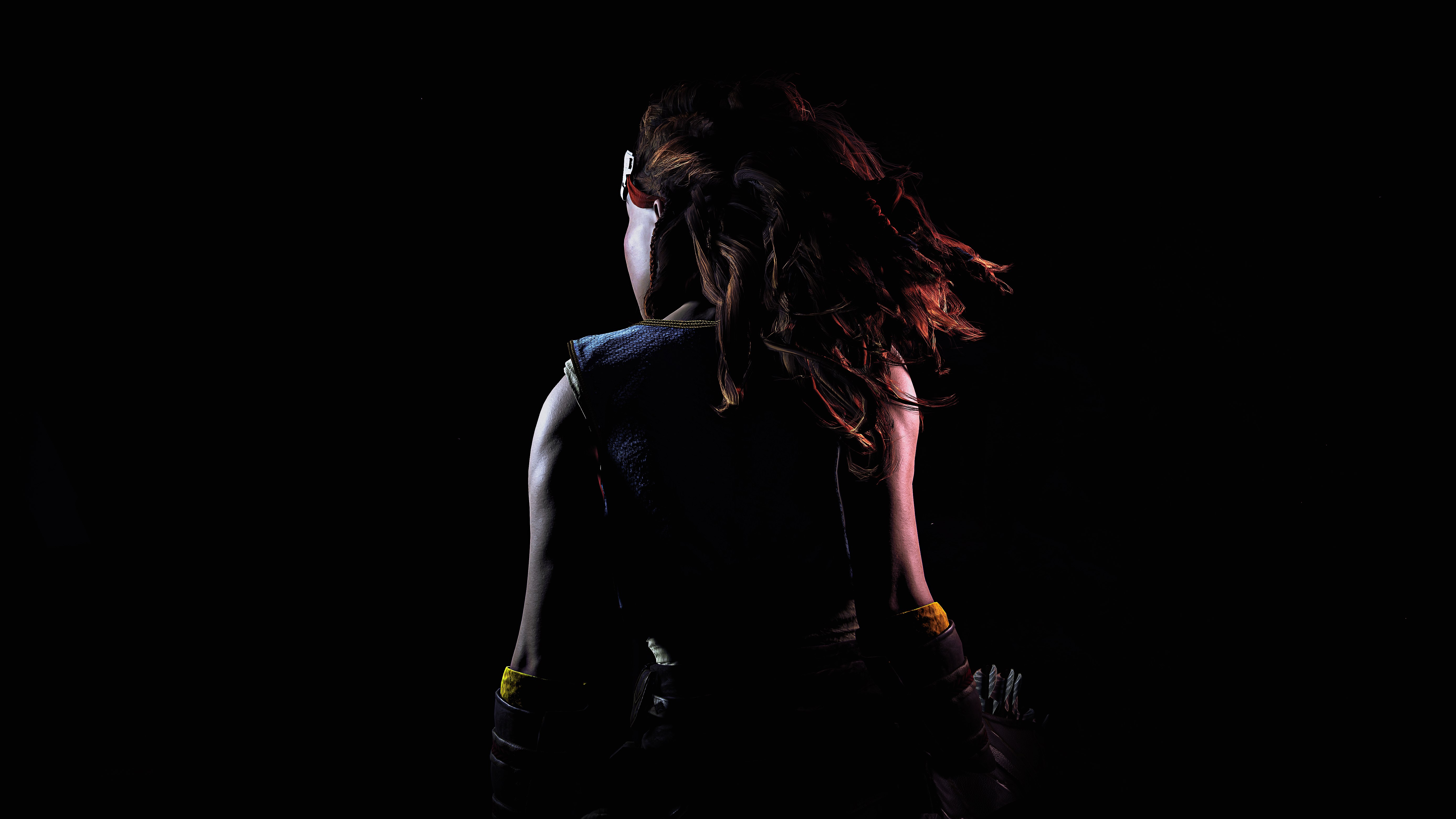Aloy, Fondo negro, Horizon Zero Dawn, AMOLED, PlayStation 4, Captura de pantalla, 5K