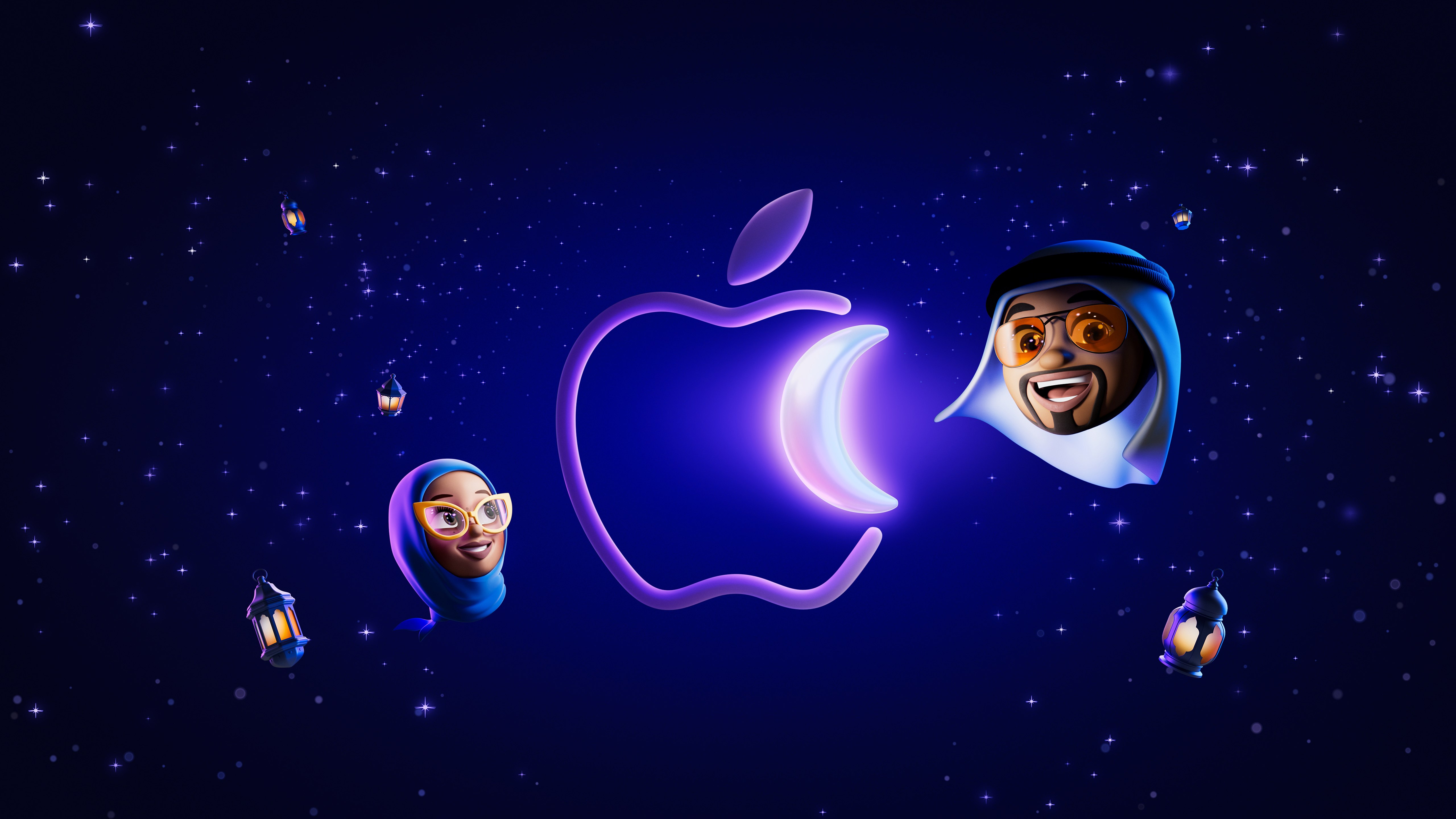 Apple, Ramadán, 5K, Luna creciente, Farolillos, Ilustración, Azul oscuro, Logo de Apple