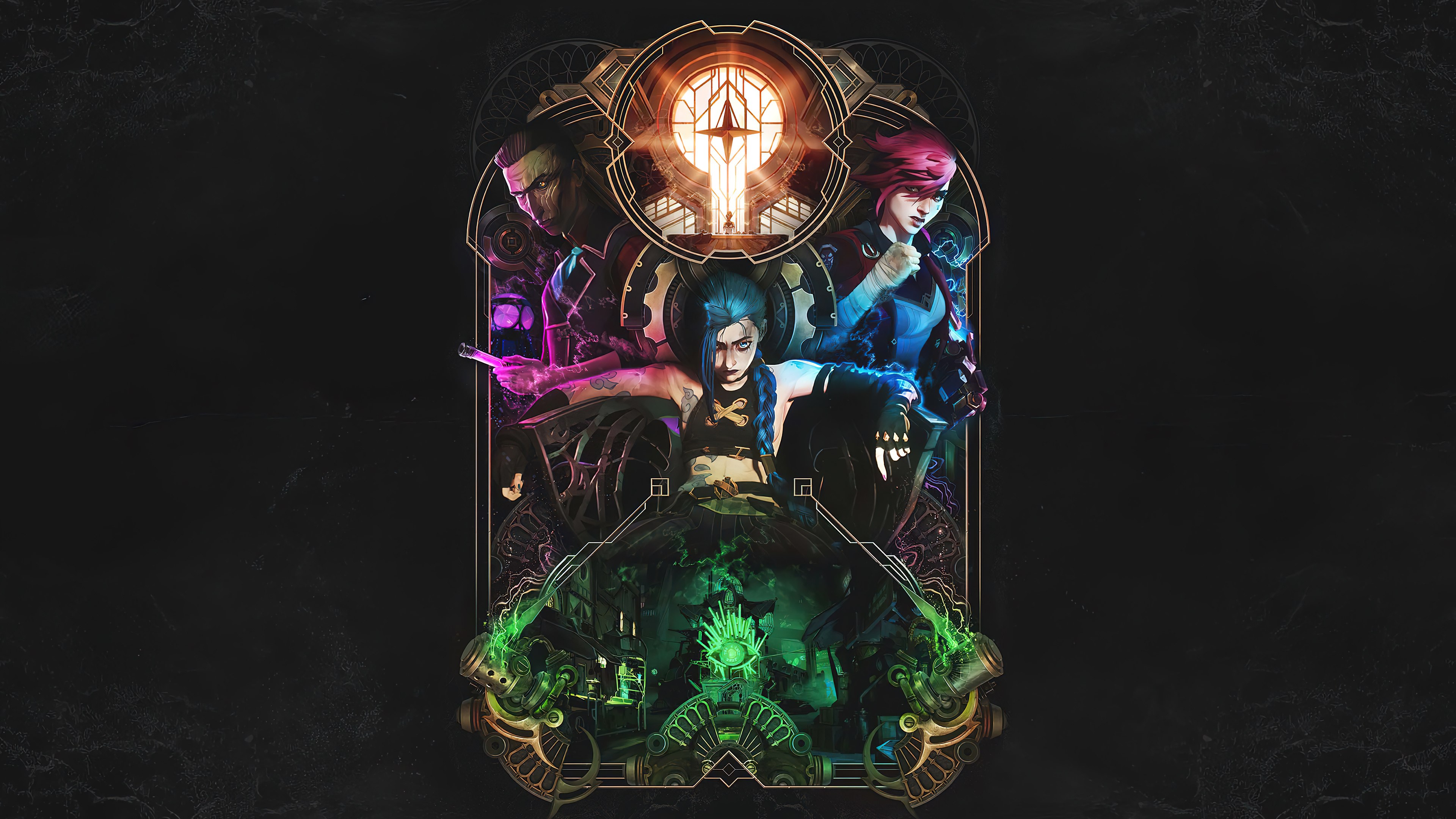 Arcane, League of Legends, Vi (LoL), Jinx, Fondo oscuro, Ilustración artística