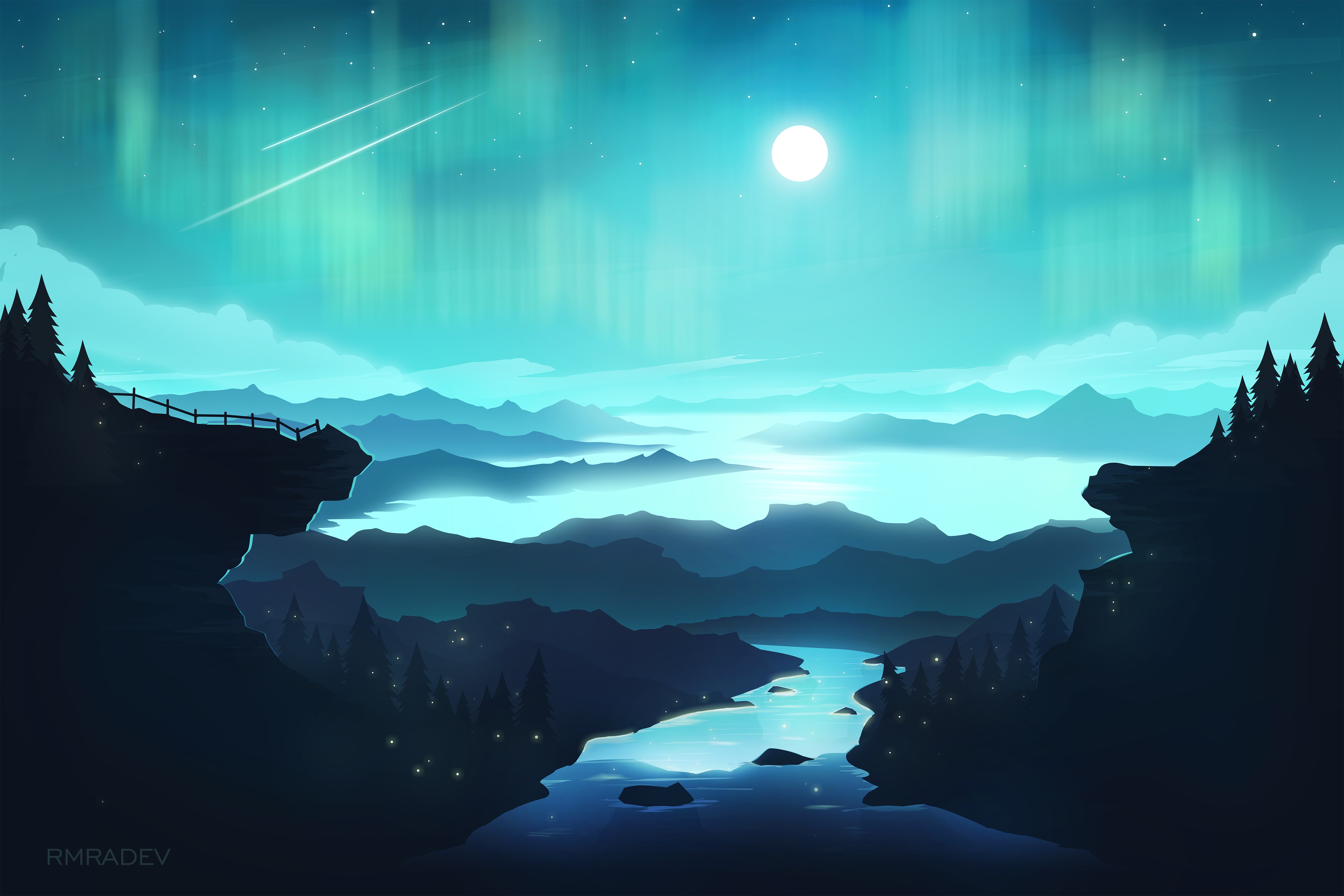 Aurora Boreal, Luna, Río, Arte digital, Montañas, Estelas de estrellas, Paisaje, Escenario