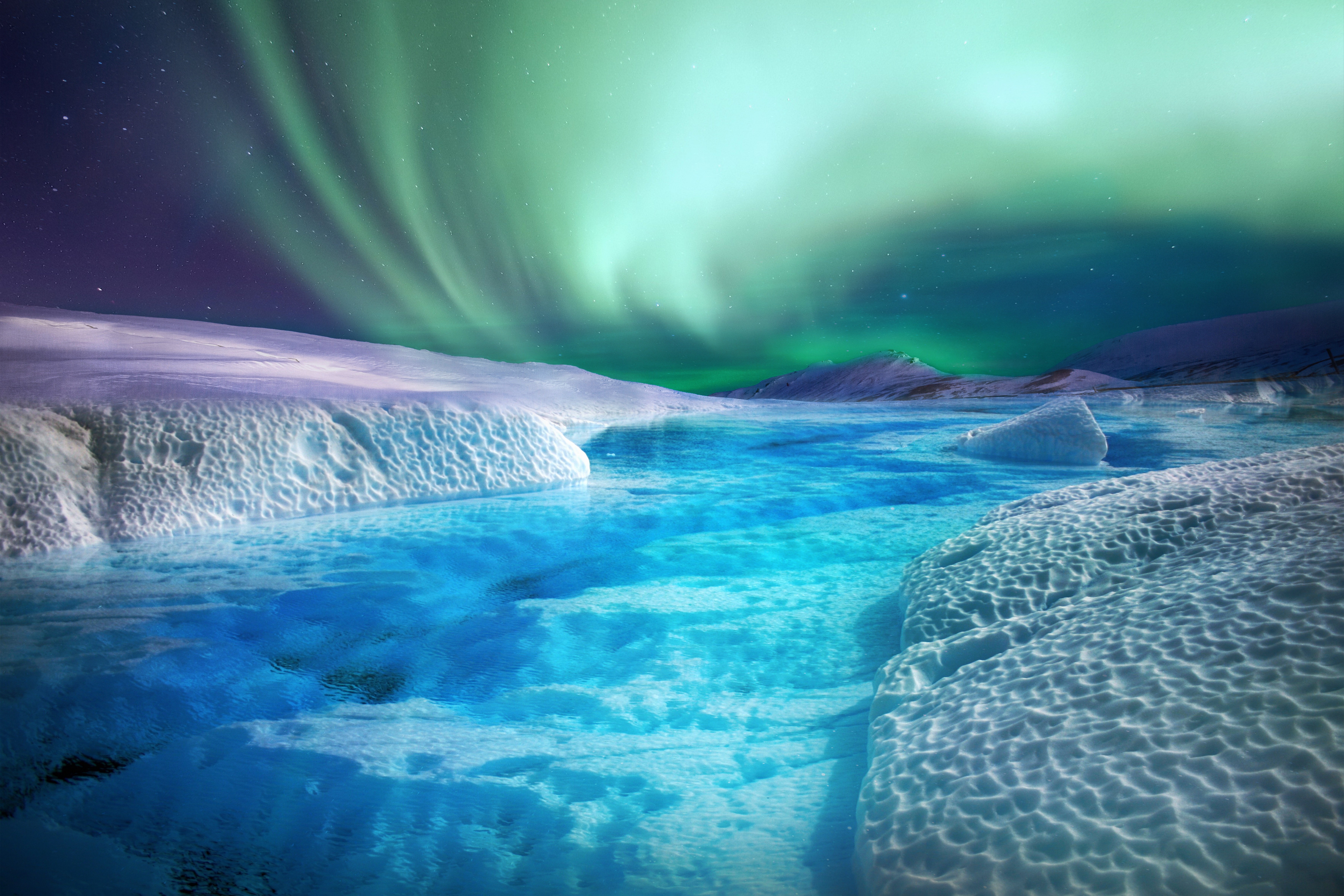 Aurora boreal, Río, Auroras boreales, Lago congelado, Noche, 5K, 8K