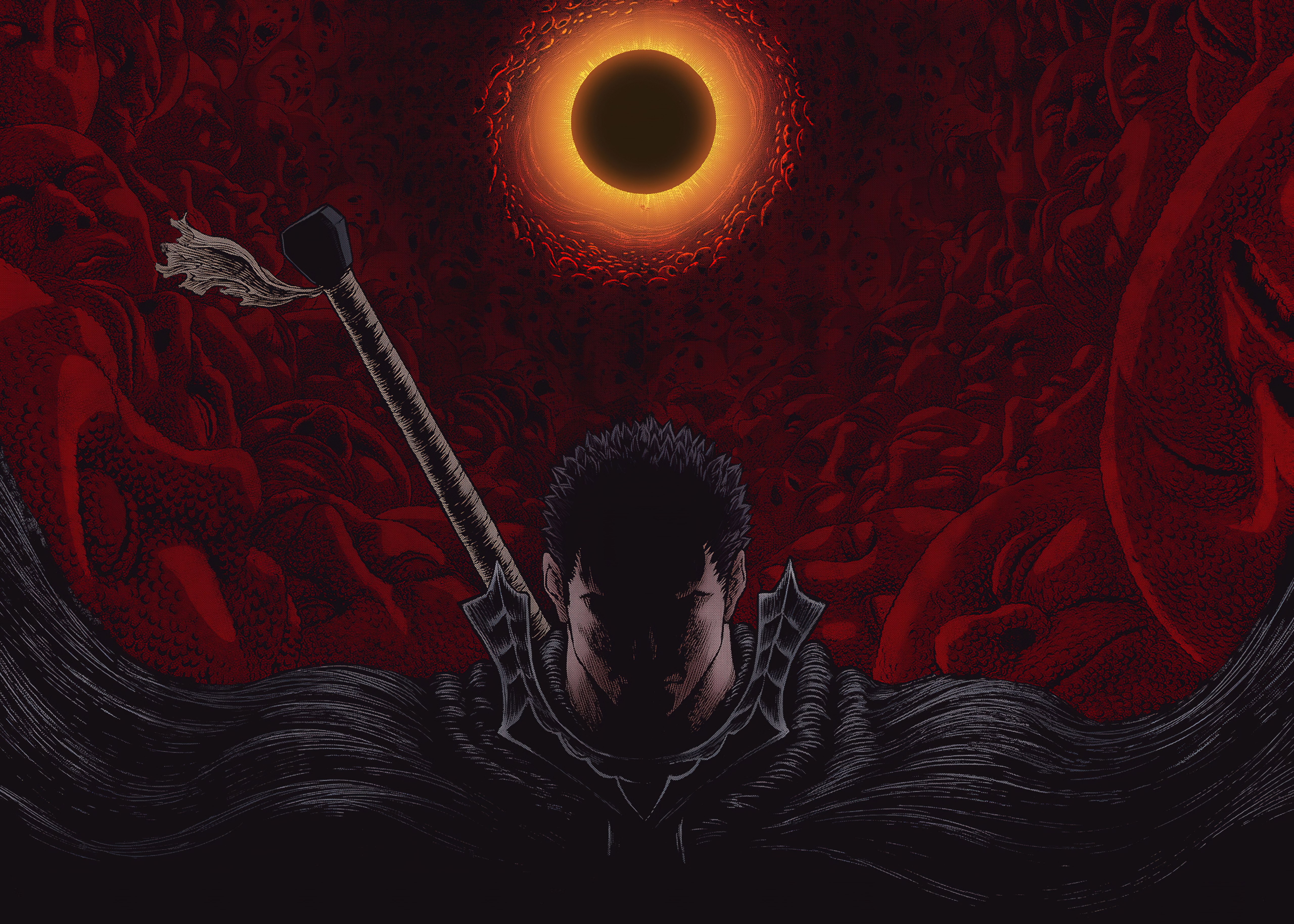 Berserk, Guts, En color, 5K, Rojo oscuro, Dragon Slayer