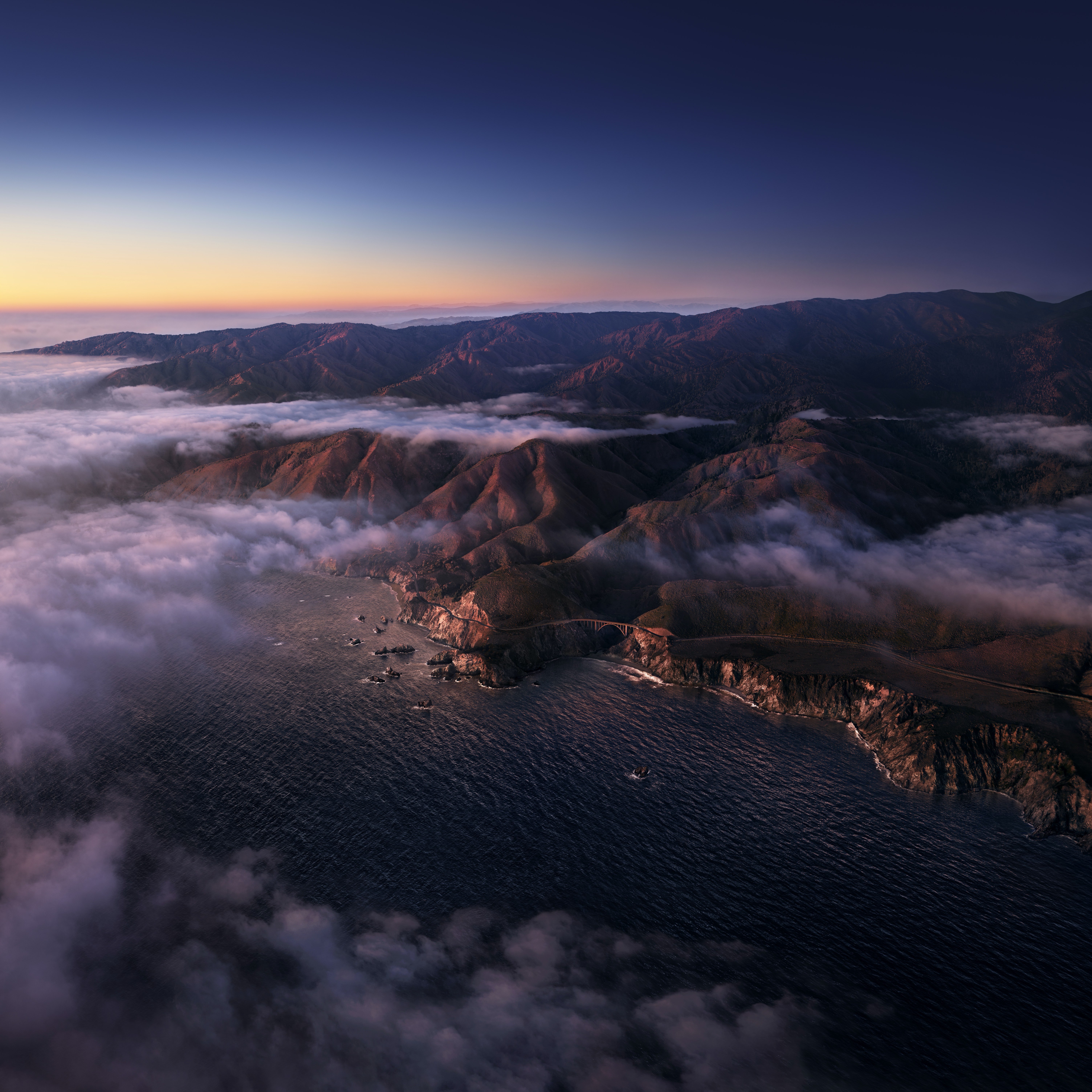 Big Sur, Amanecer, Montañas, Nubes, Mañana, macOS Big Sur, Luz del día, Stock, California, 5K