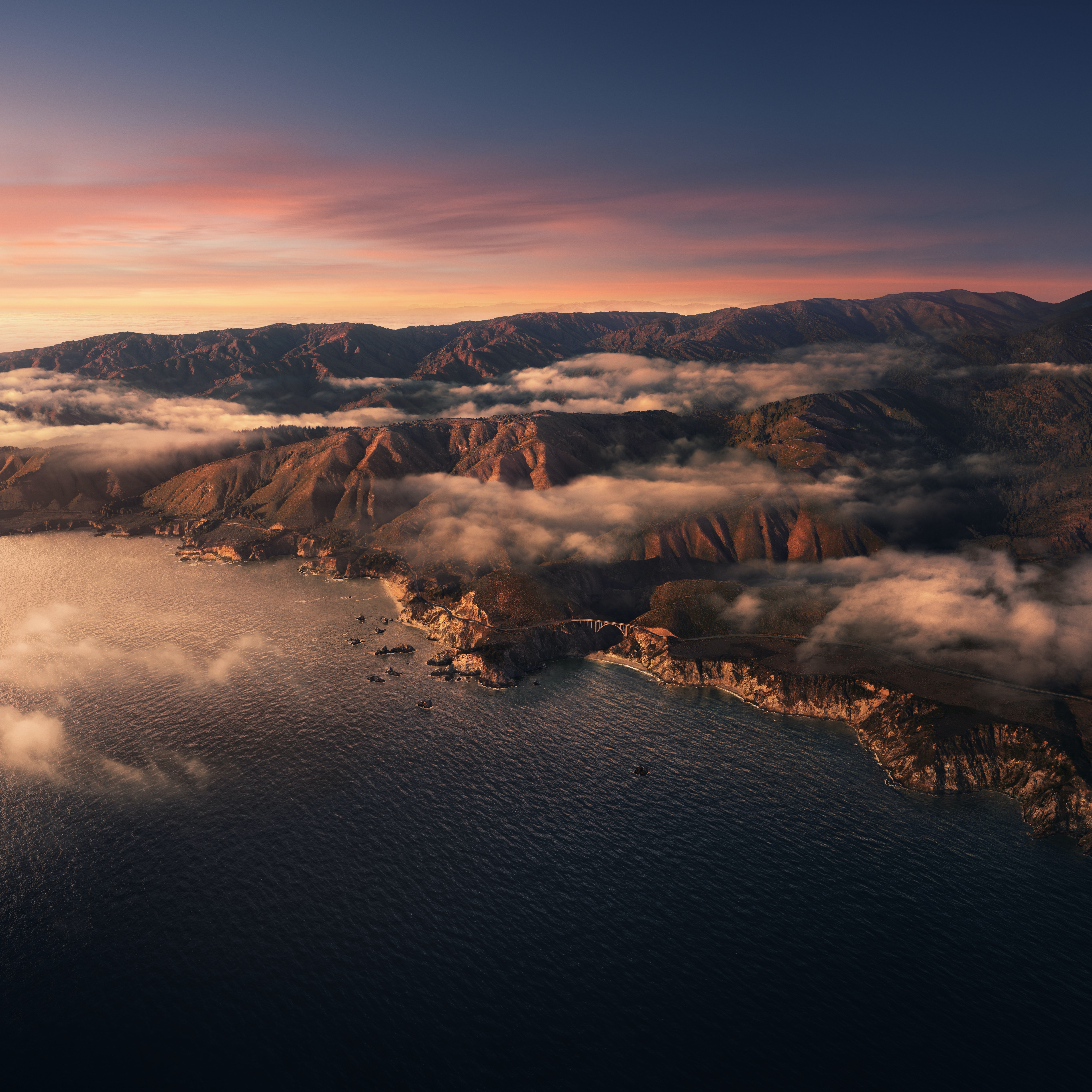 Big Sur, Atardecer, Montañas, Nubes, Tarde, macOS Big Sur, Stock, California, Estética, 5K