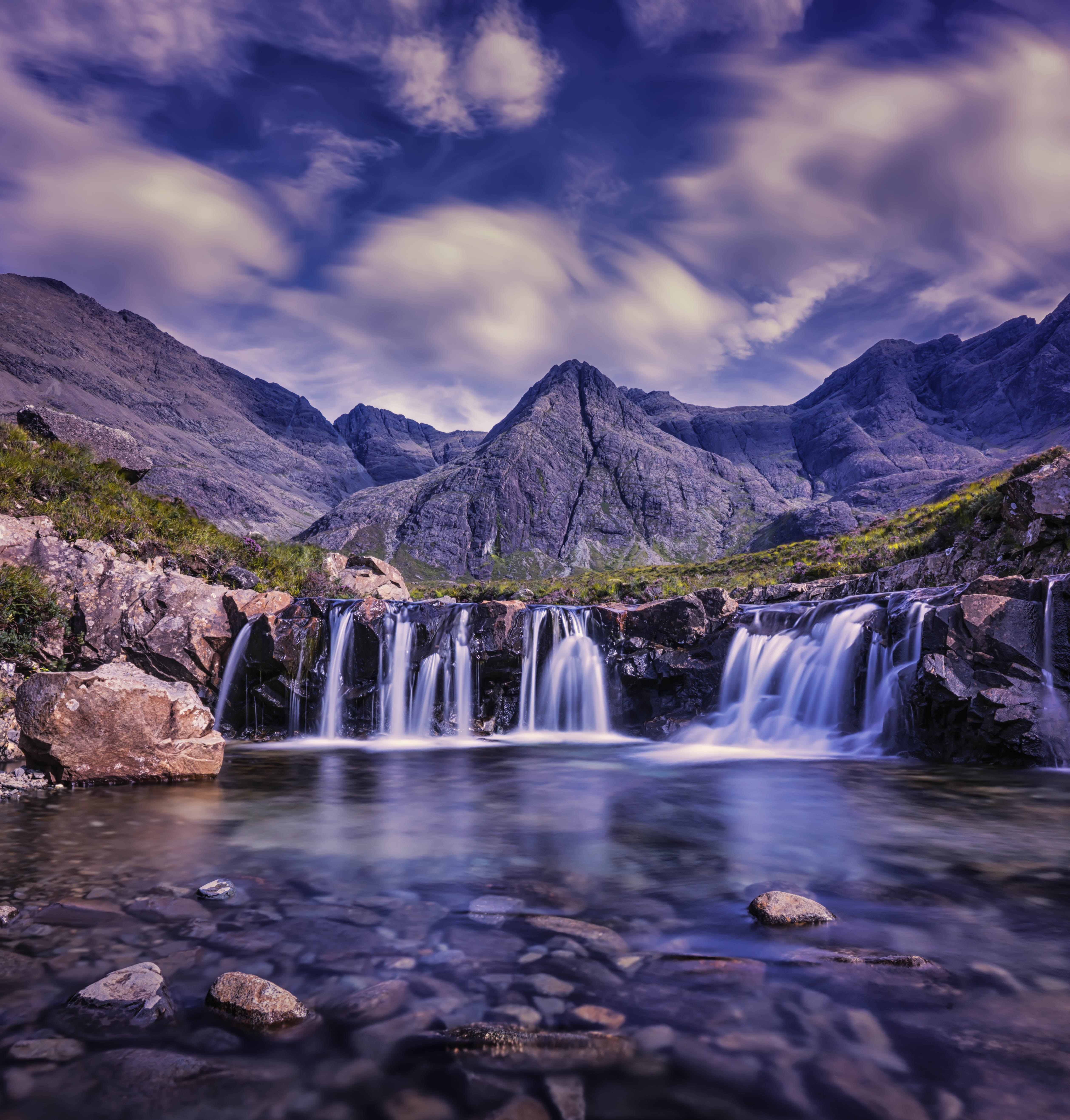 Cascadas, Cielo nublado, Corriente de río, Flujo de agua, Larga exposición, Montañas, Escenario, Paisaje, 5K