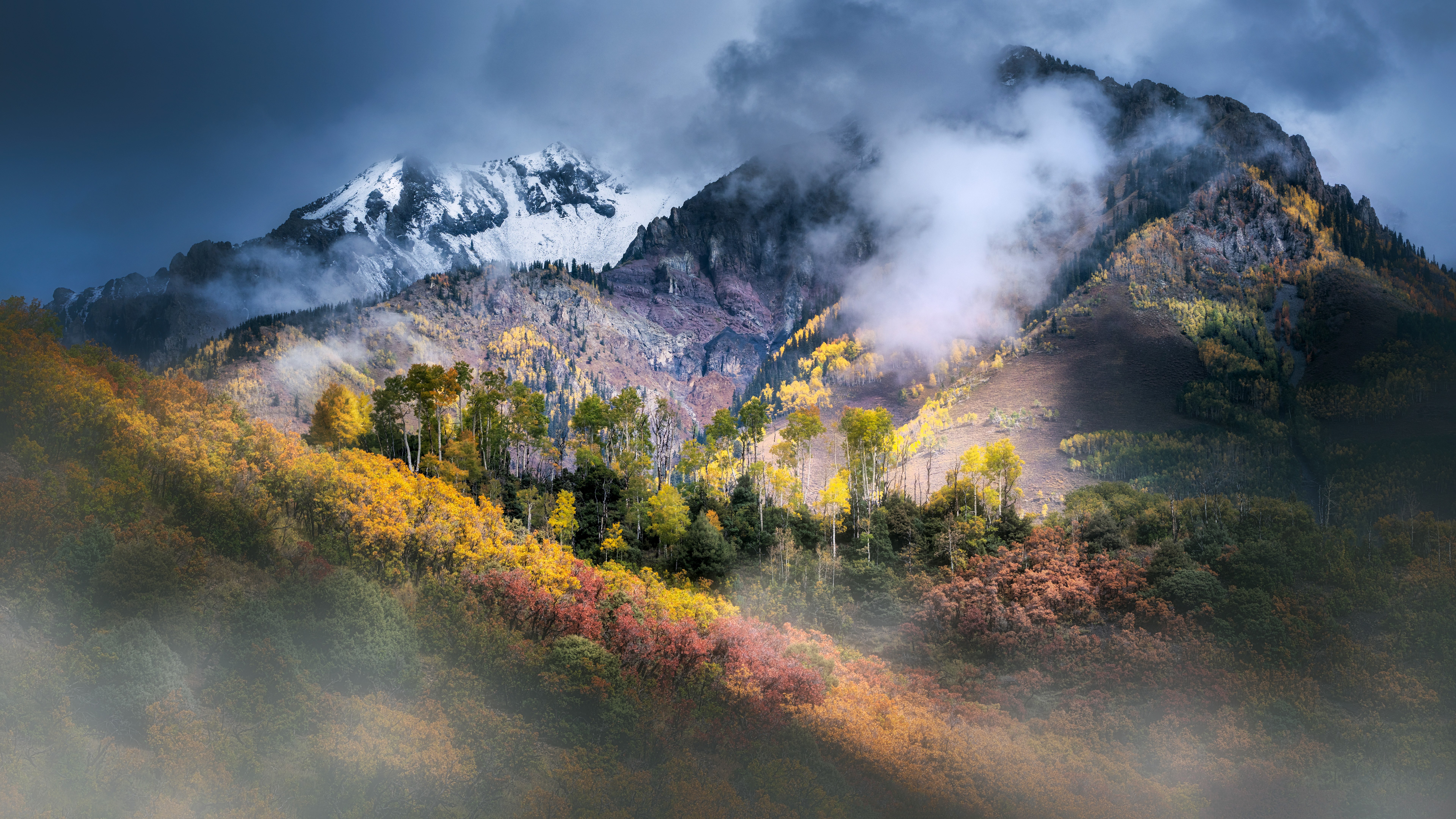 Colorado, Paisaje de montaña, Colores otoñales, Nubes, Bosque otoñal, Álamos temblones, 5K, 8K