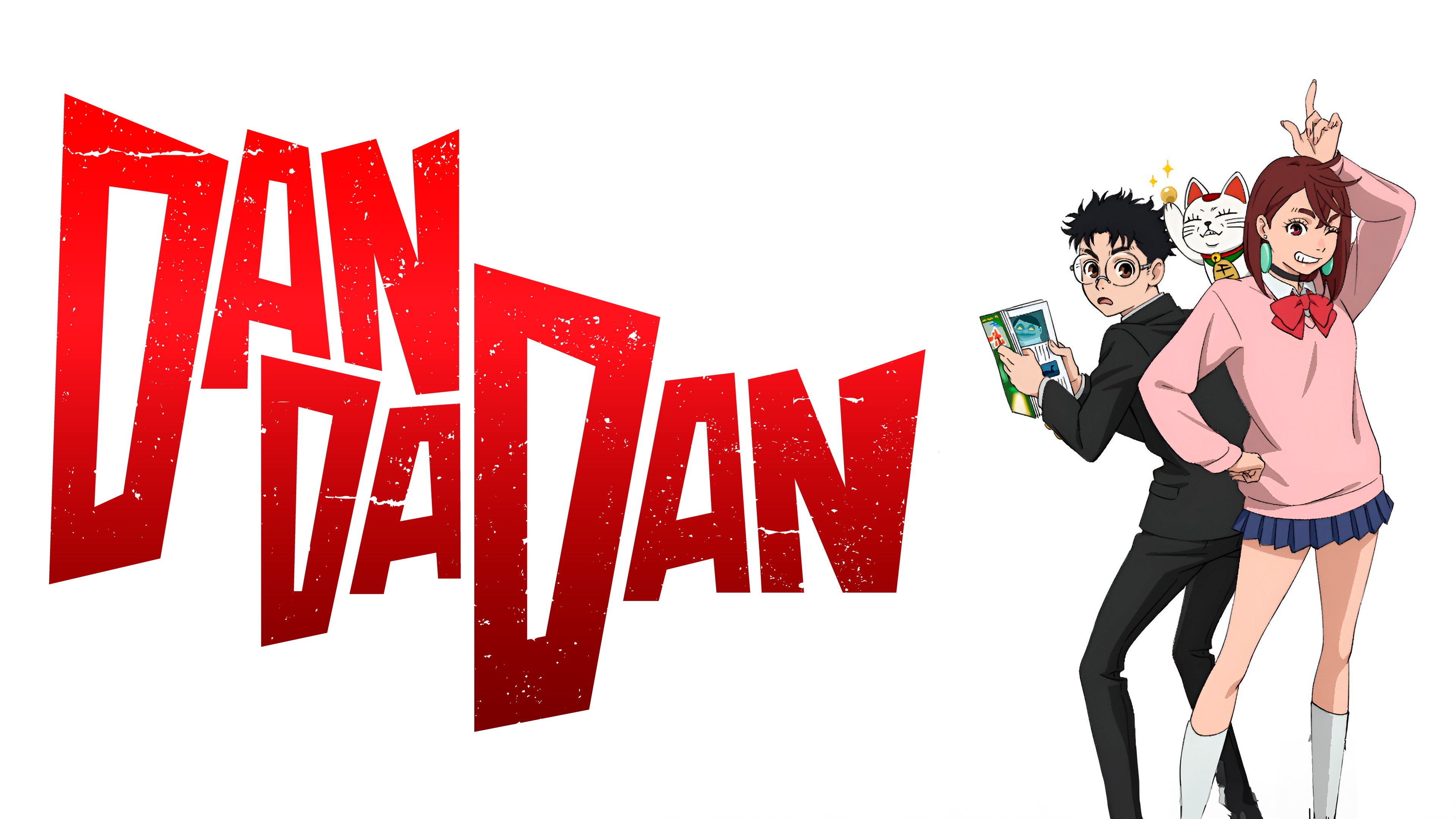 Dandadan, Fondo blanco, Pareja de anime, Momo (Dandadan), Okarun (Dandadan), Serie de Netflix