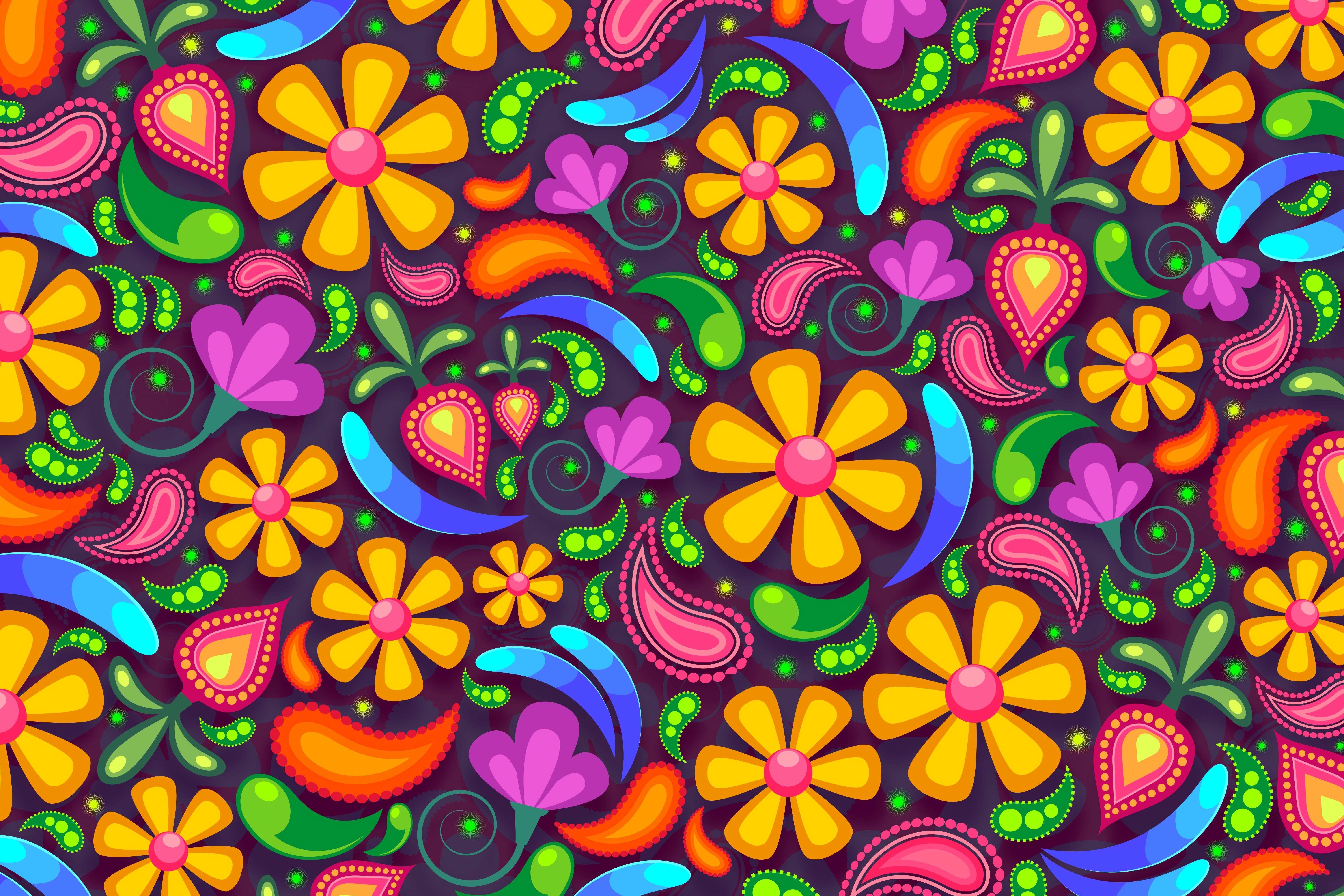Diseños florales, Fondos femeninos, Arte digital, Patrón de cachemira, Colorido, Ilustración, Multicolor, 5K