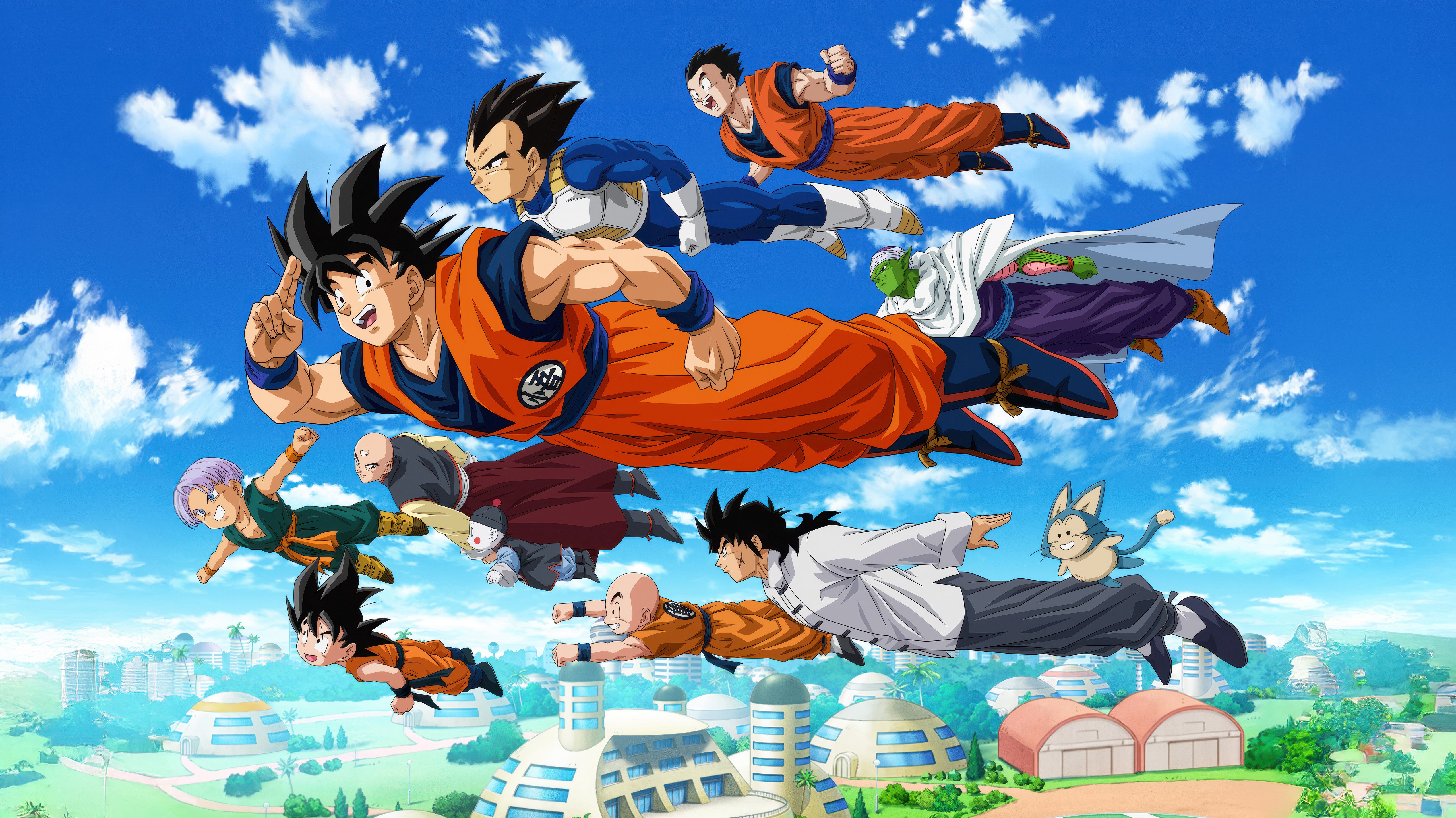 Dragon Ball Super, Clásico, Volando juntos, Póster de personajes, 5K, Goku, Vegeta, Gohan, Piccolo, Trunks