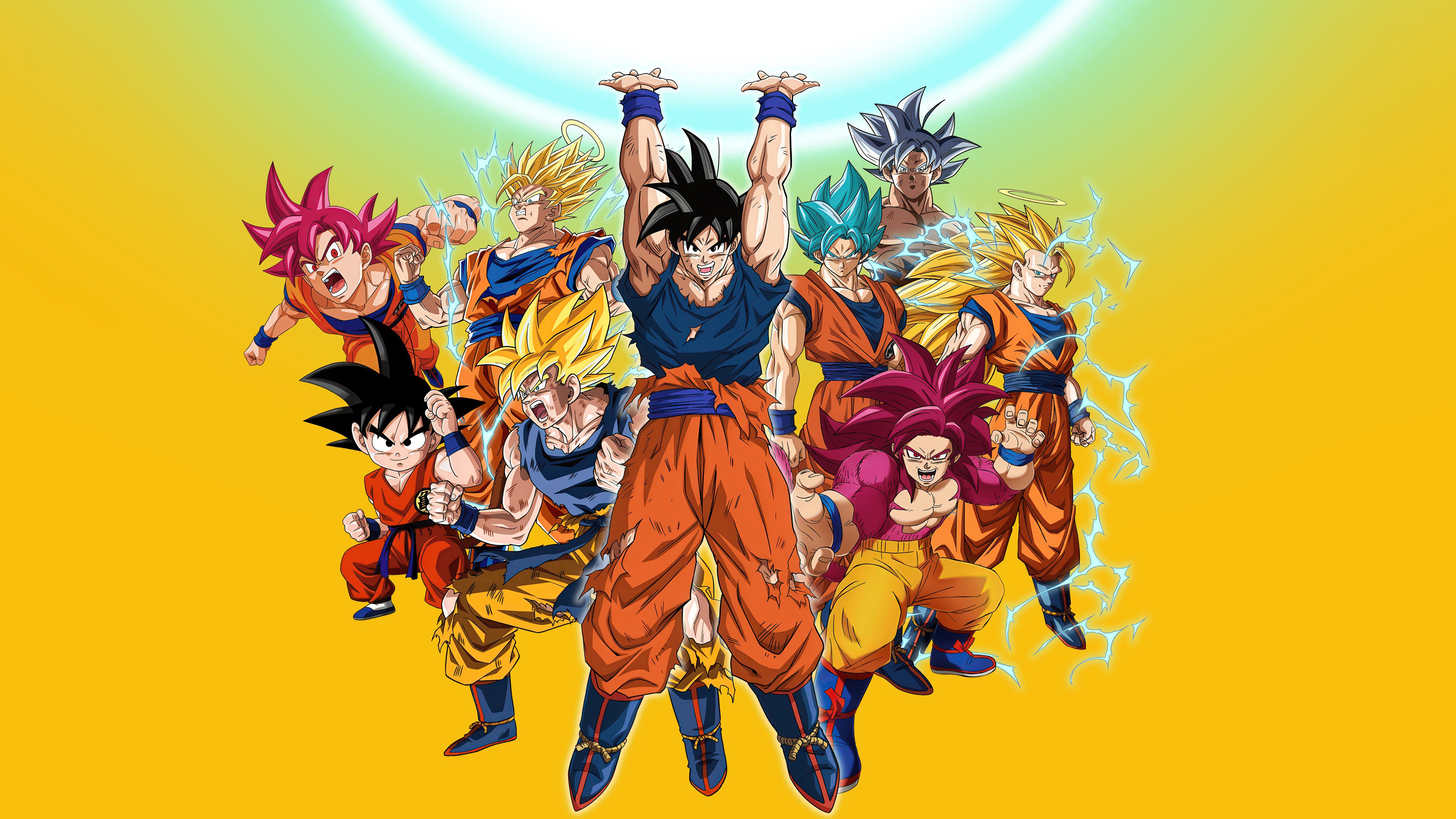 Dragon Ball Super, Edición Aniversario, Super Saiyan Goku, Super Saiyan God, Super Saiyan Blue, Ultra Instinct Goku, Super Saiyan 4 Fusion, 5K, Son Goku, Fondo amarillo