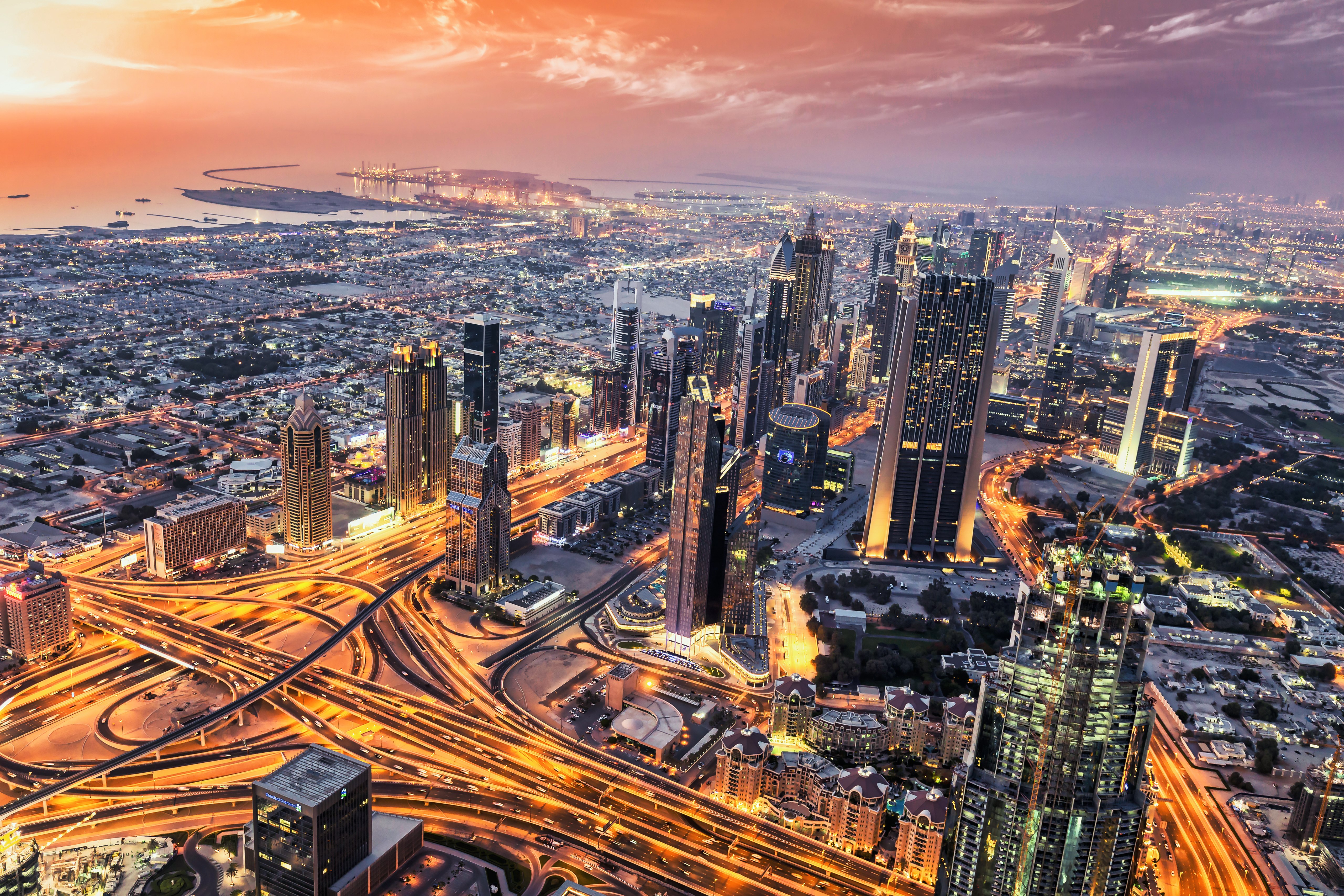 Dubái, Vista aérea, Paisaje urbano, Skyline, Sheikh Zayed Road, Larga exposición, 5K