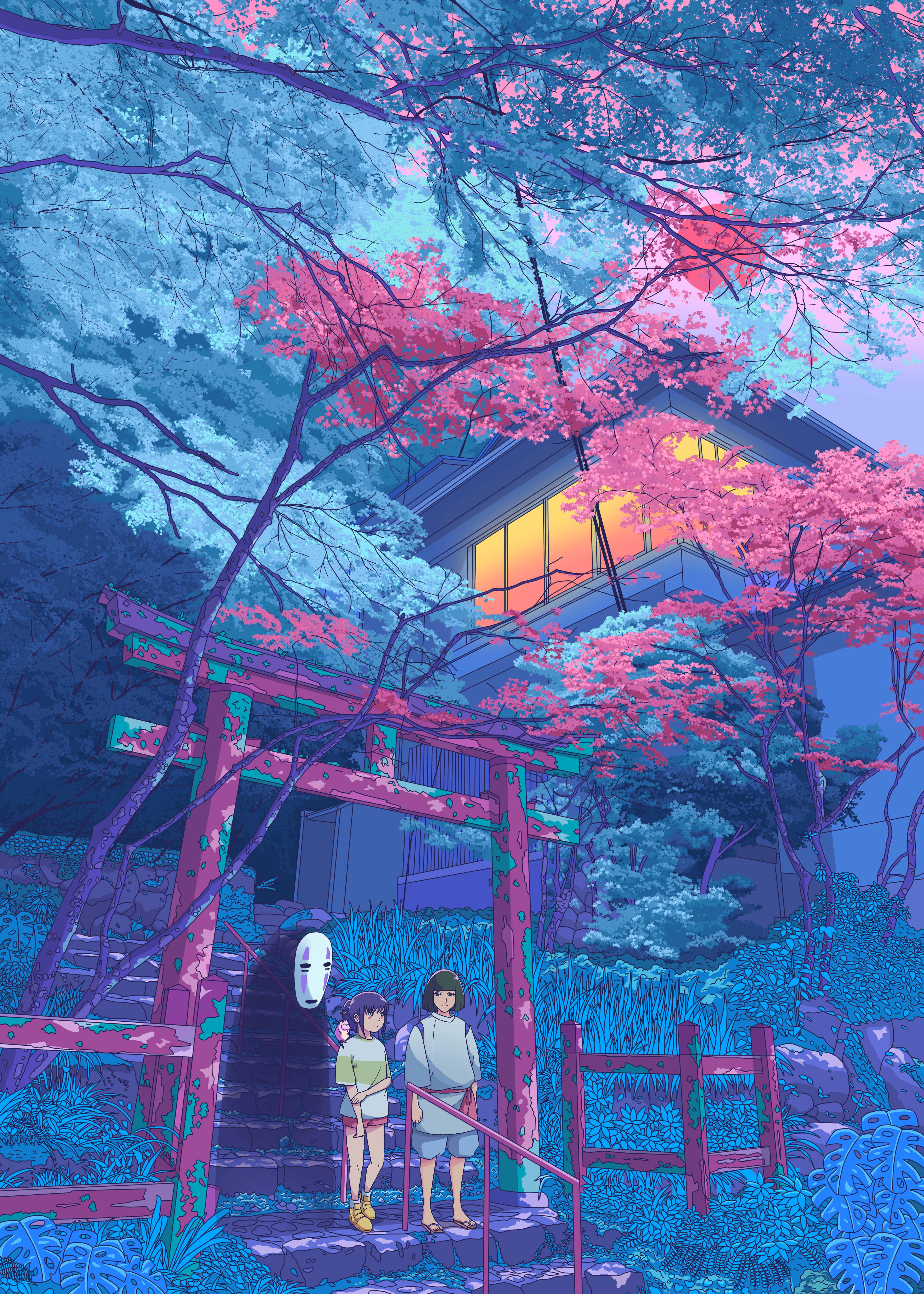 El viaje de Chihiro, Fan Art, Vaporwave, Haku, Chihiro, Puerta torii, Japonés, Lofi, Kaonashi (Sin Cara)