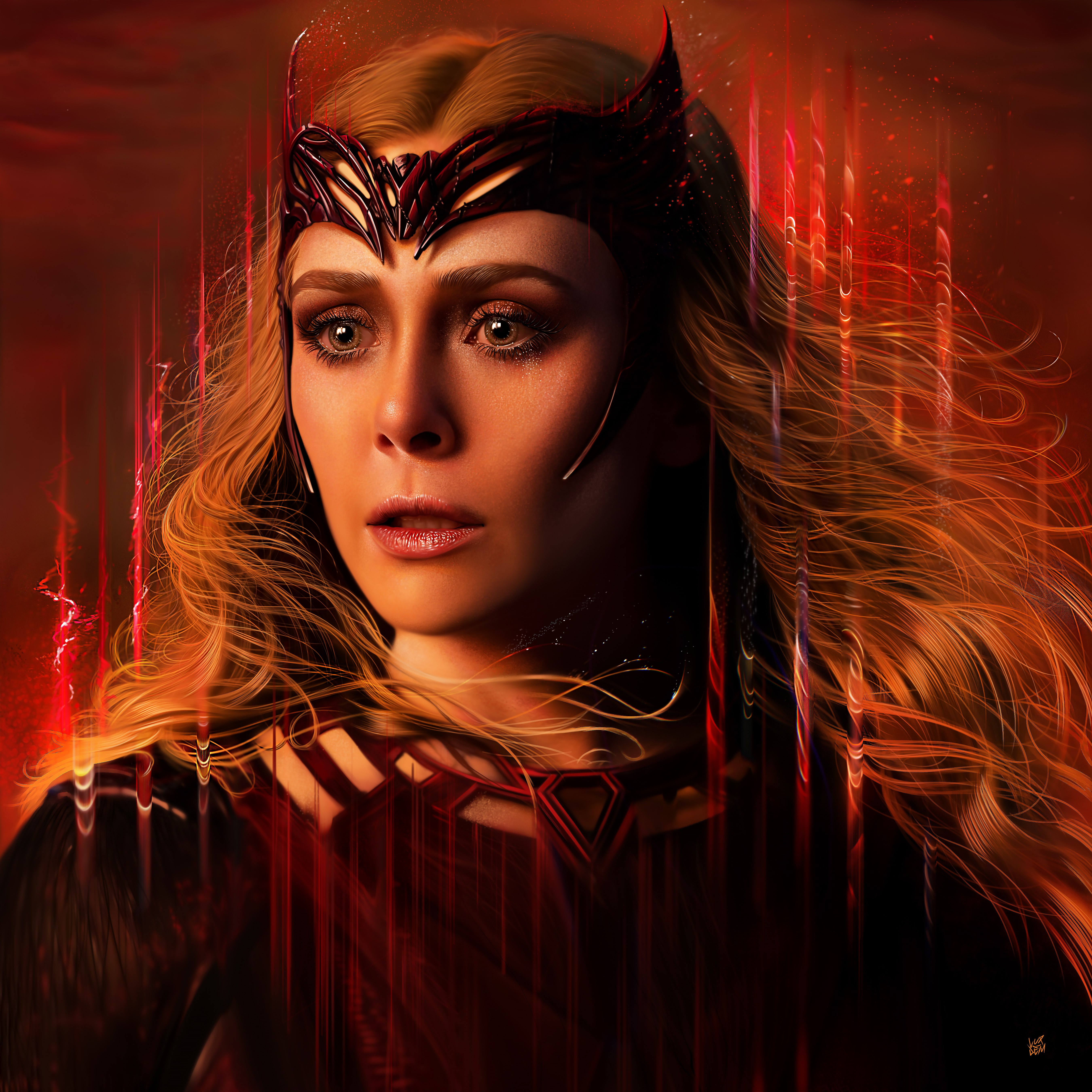 Elizabeth Olsen, Bruja Escarlata, Wanda Maximoff, Superhéroes de Marvel, Marvel Comics, Arte digital, 5K