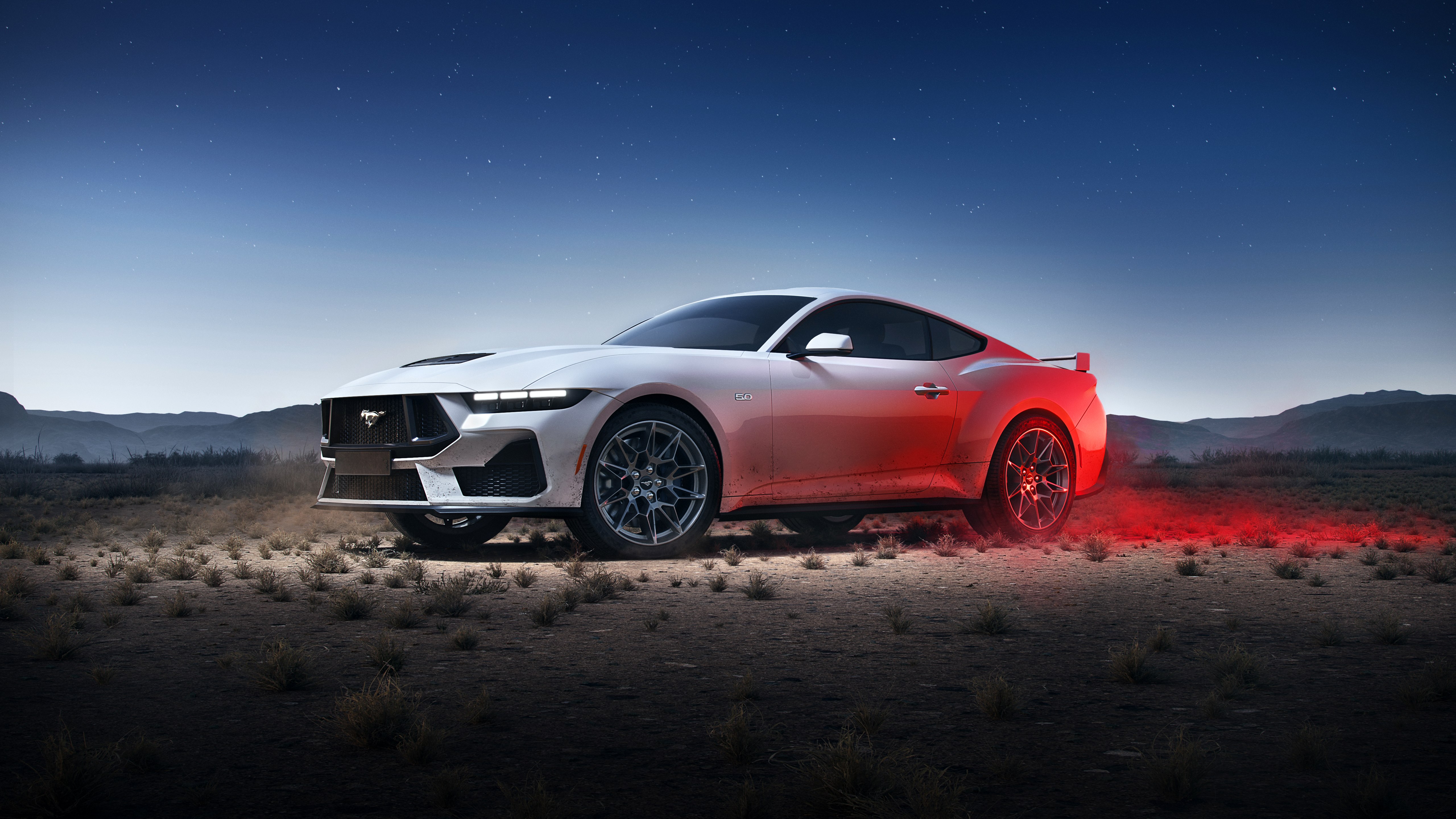 Ford Mustang GT, Desierto, Muscle car americano, 5K, Cielo despejado, Cielo azul