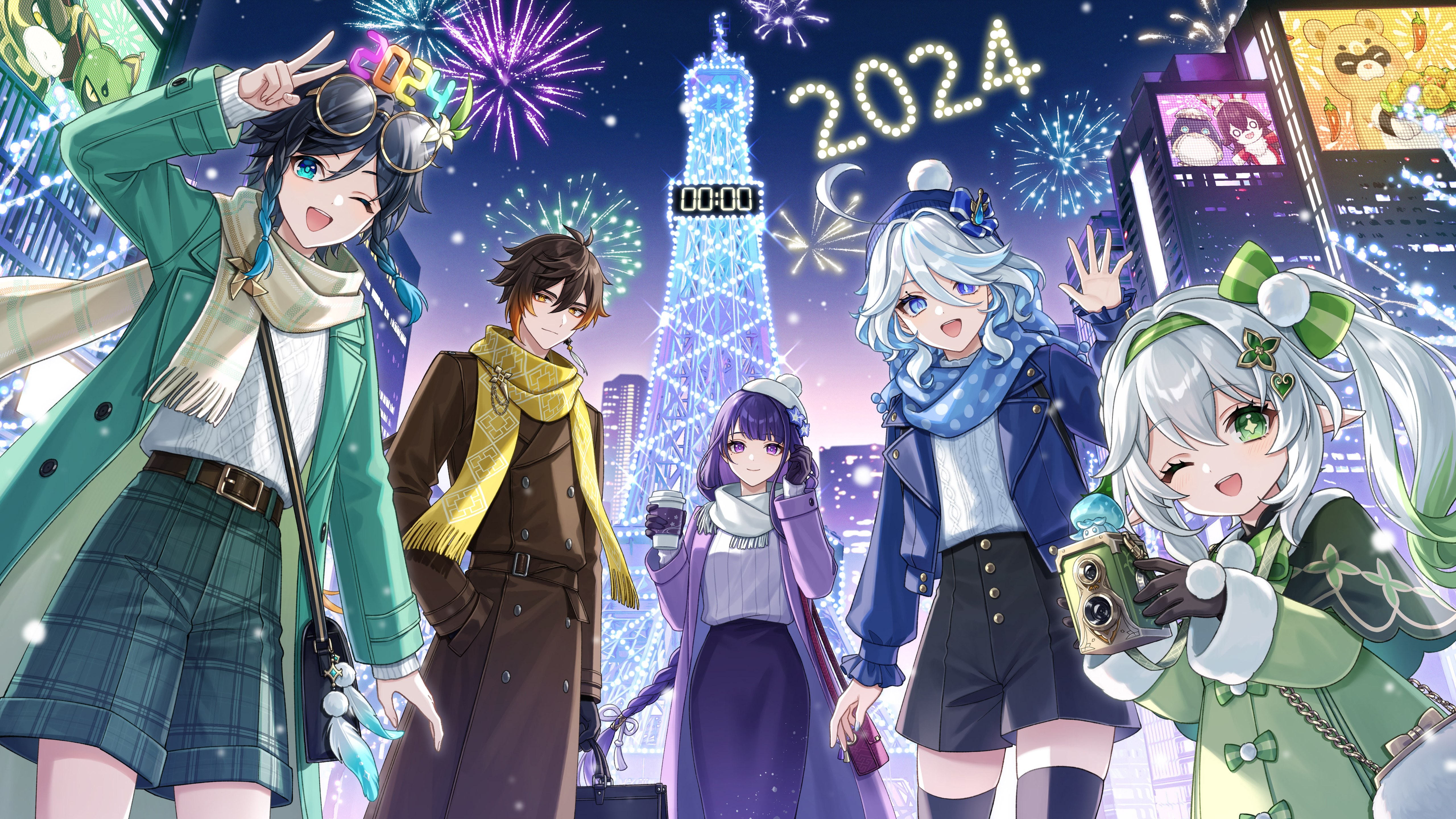 Genshin Impact, Celebraciones de Año Nuevo, Año Nuevo 2024, Zhongli, Raiden Shogun, Furina, 5K