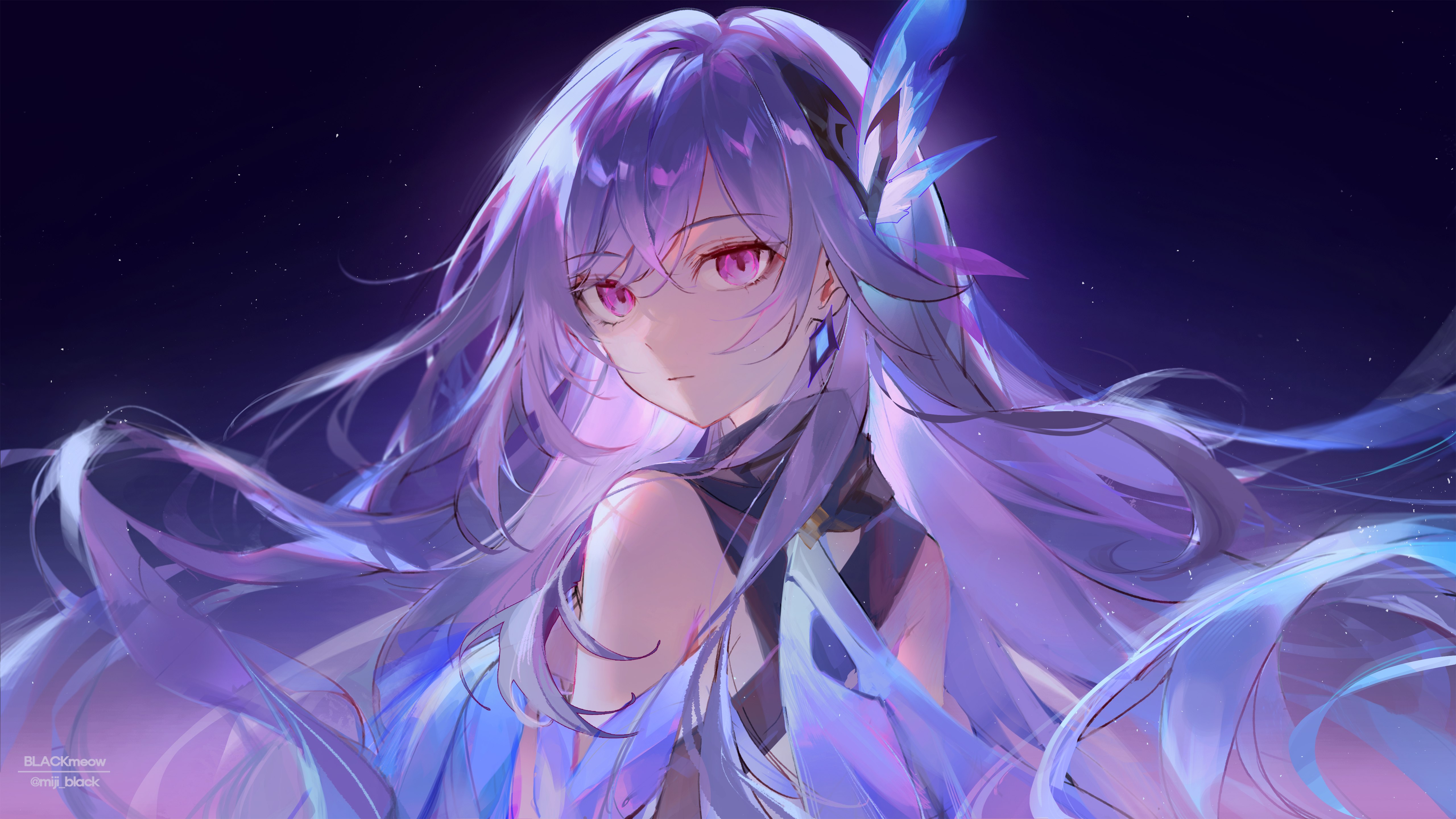 Genshin Impact, Skirk, Chica anime, Pelo morado, Ojos morados, Estrellas, Etéreo