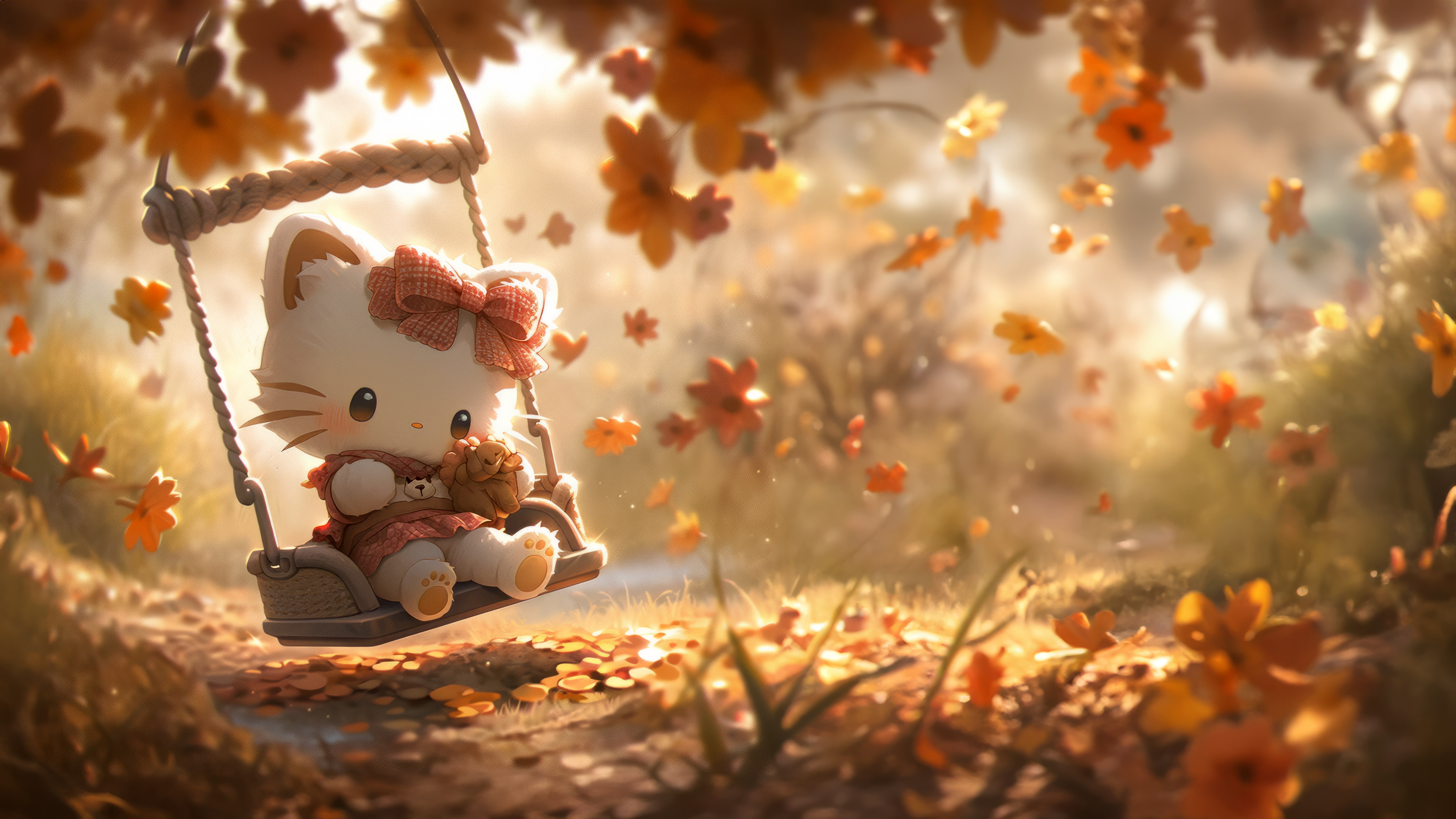 Hello Kitty, Fondo otoñal, 5K, 8K, Adorable, Columpio, Surrealista, Estética