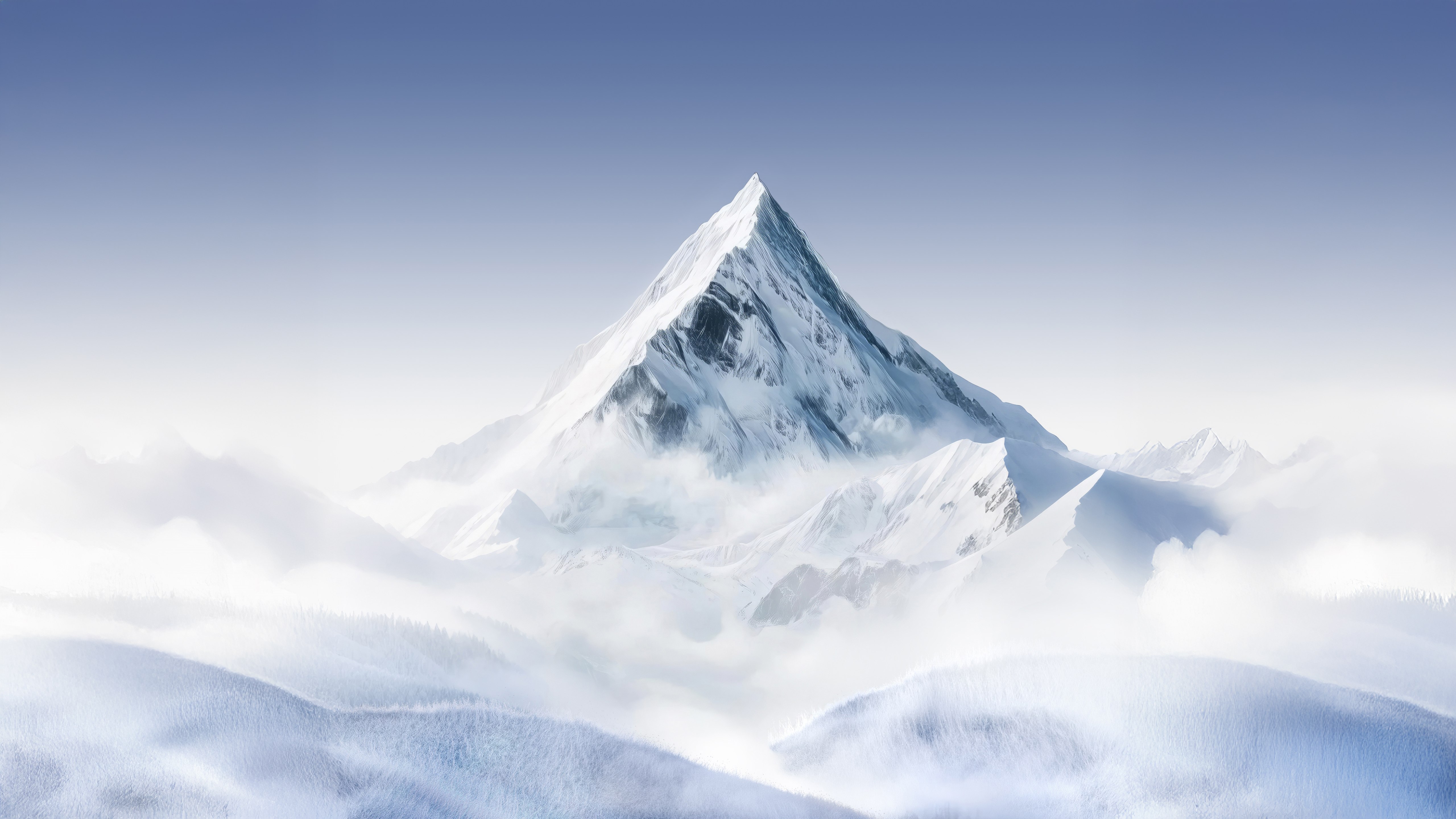 Invierno, Paisaje de montaña, Montañas nevadas, Nubes, Estética blanca, Pico de montaña, 5K