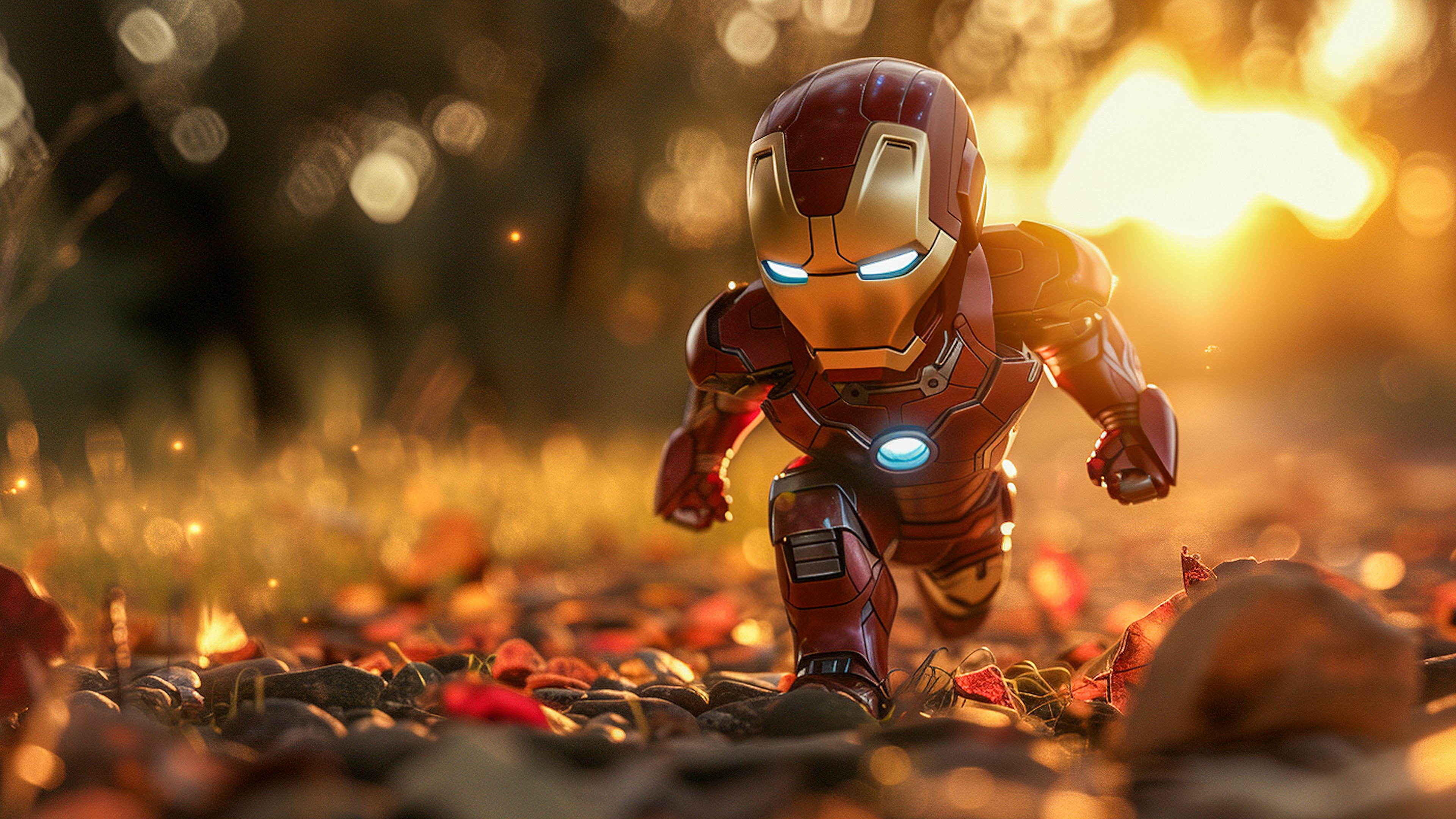 Iron Man, Chibi, Arte con IA, Fondo bokeh, Fondo otoñal