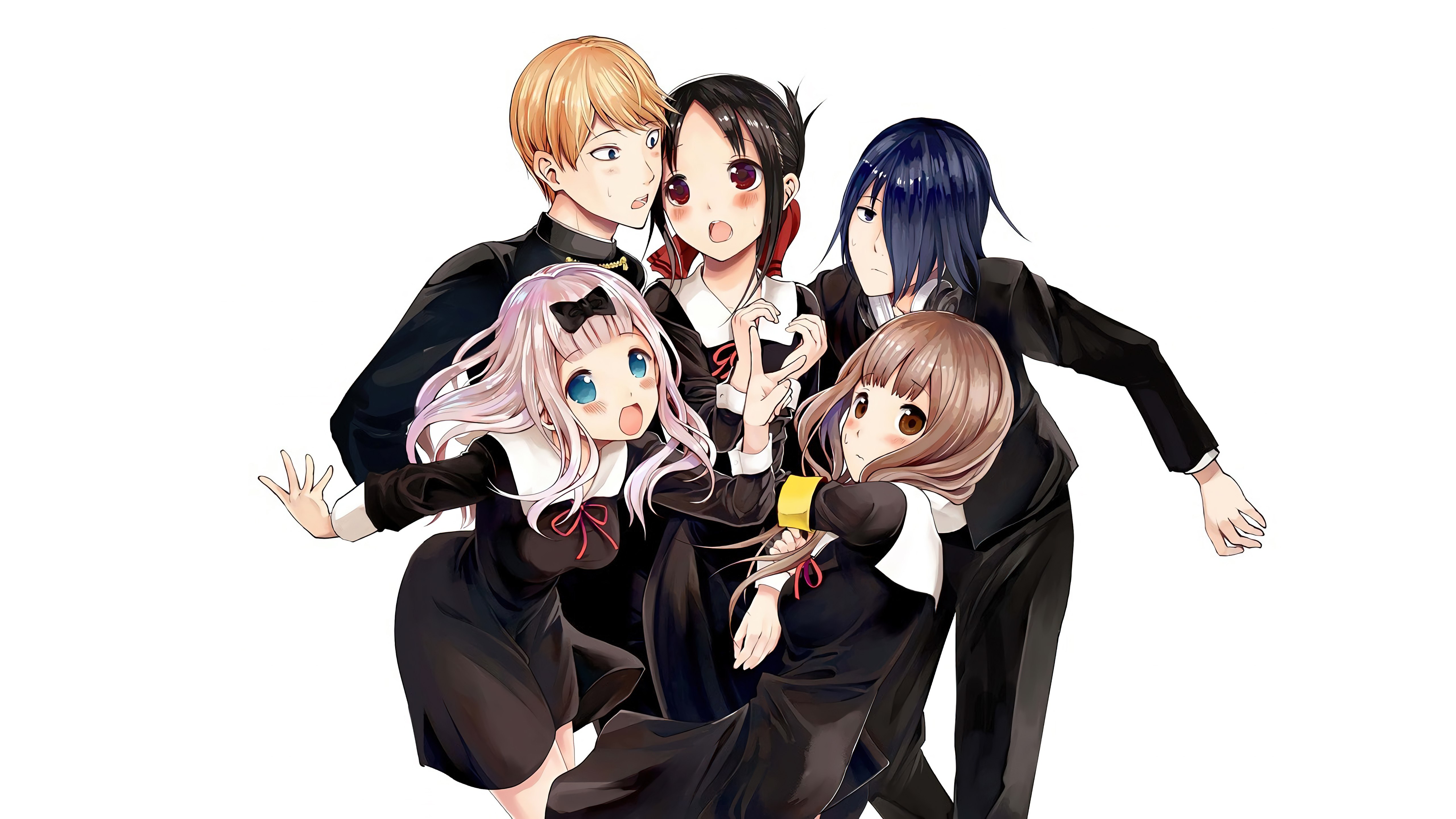 Kaguya-sama: Love is War, Fondo blanco, Chika Fujiwara, Miyuki Shirogane, Yuu Ishigami, Kaguya Shinomiya, 5K