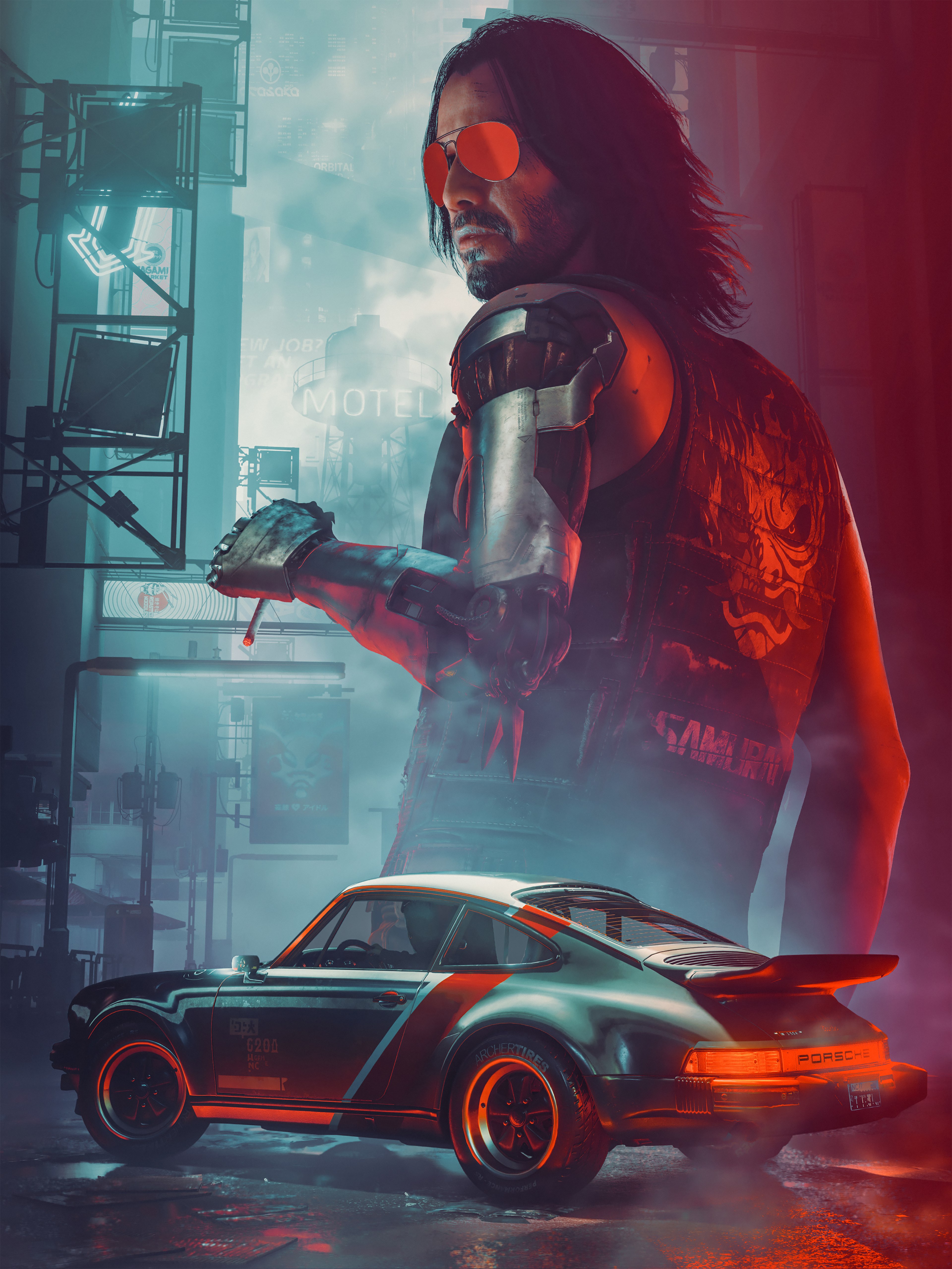 Keanu Reeves, Johnny Silverhand, Cyberpunk 2077, Arte del videojuego, Fan Art, Porsche 911 Turbo, Juegos de 2021