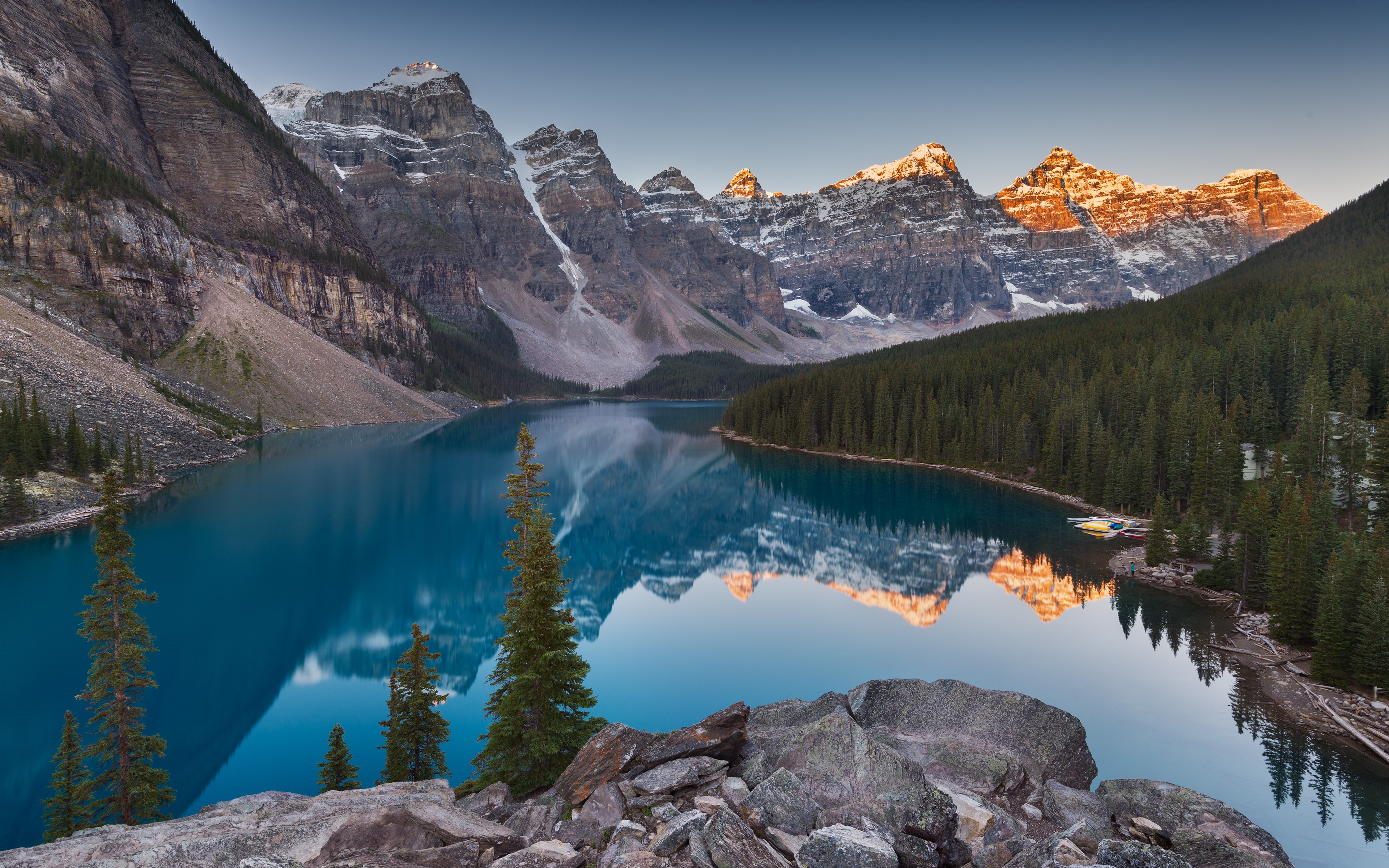 Lago Moraine, Paisaje, Amanecer, Montañas