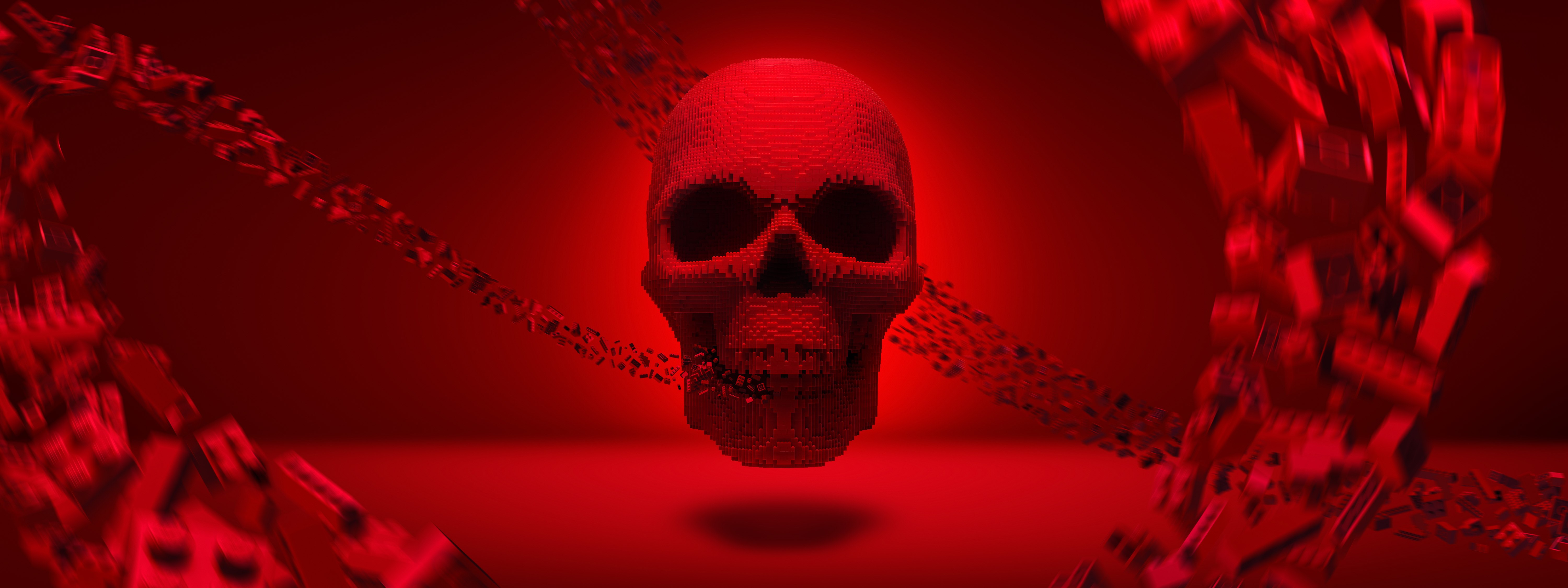 LEGO, Calavera, Fondo rojo, Ultrawide