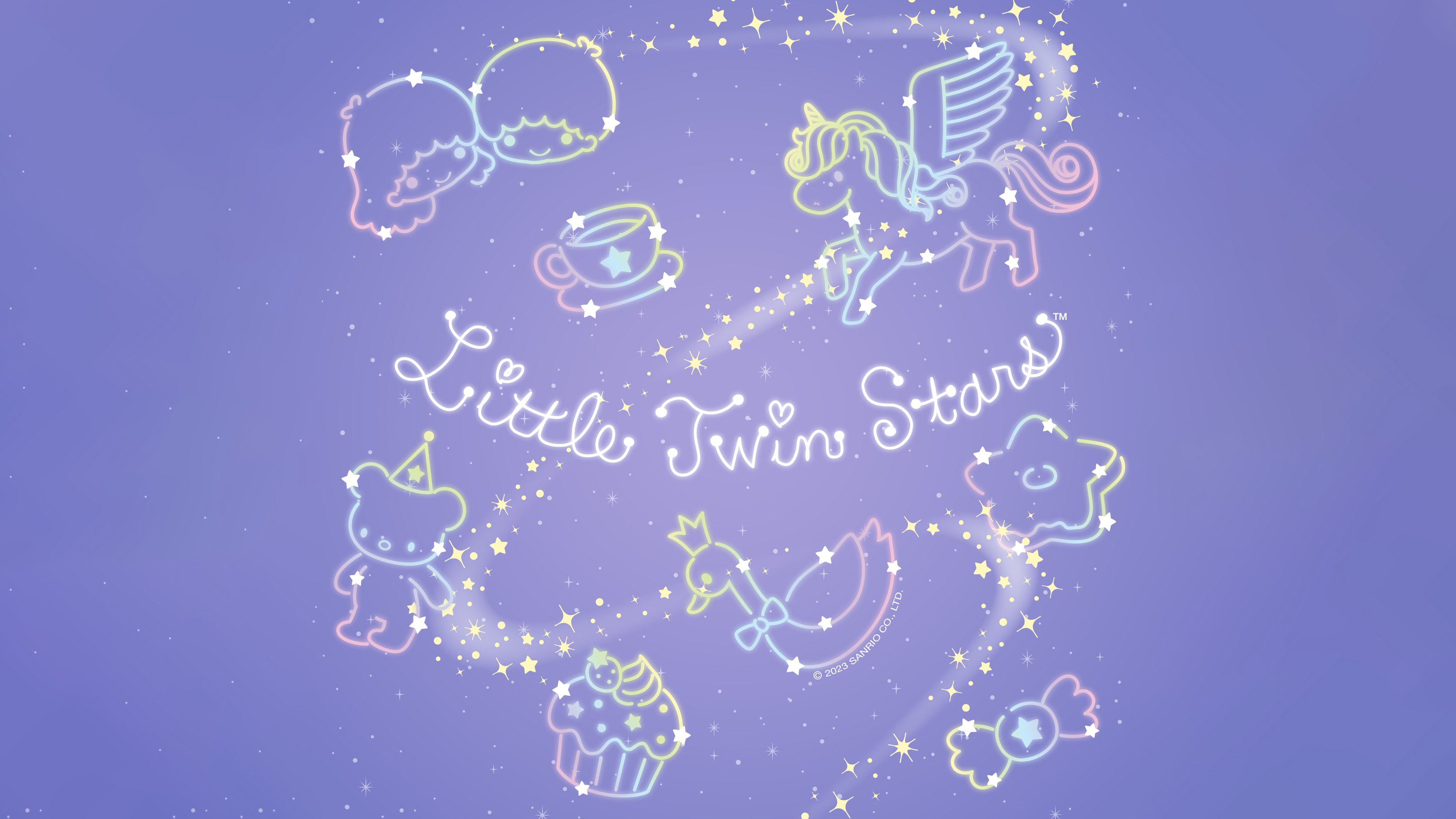 Little Twin Stars, Azul pastel, Kiki and Lala, Dibujos animados, Sanrio, Fondo azul, Unicornio
