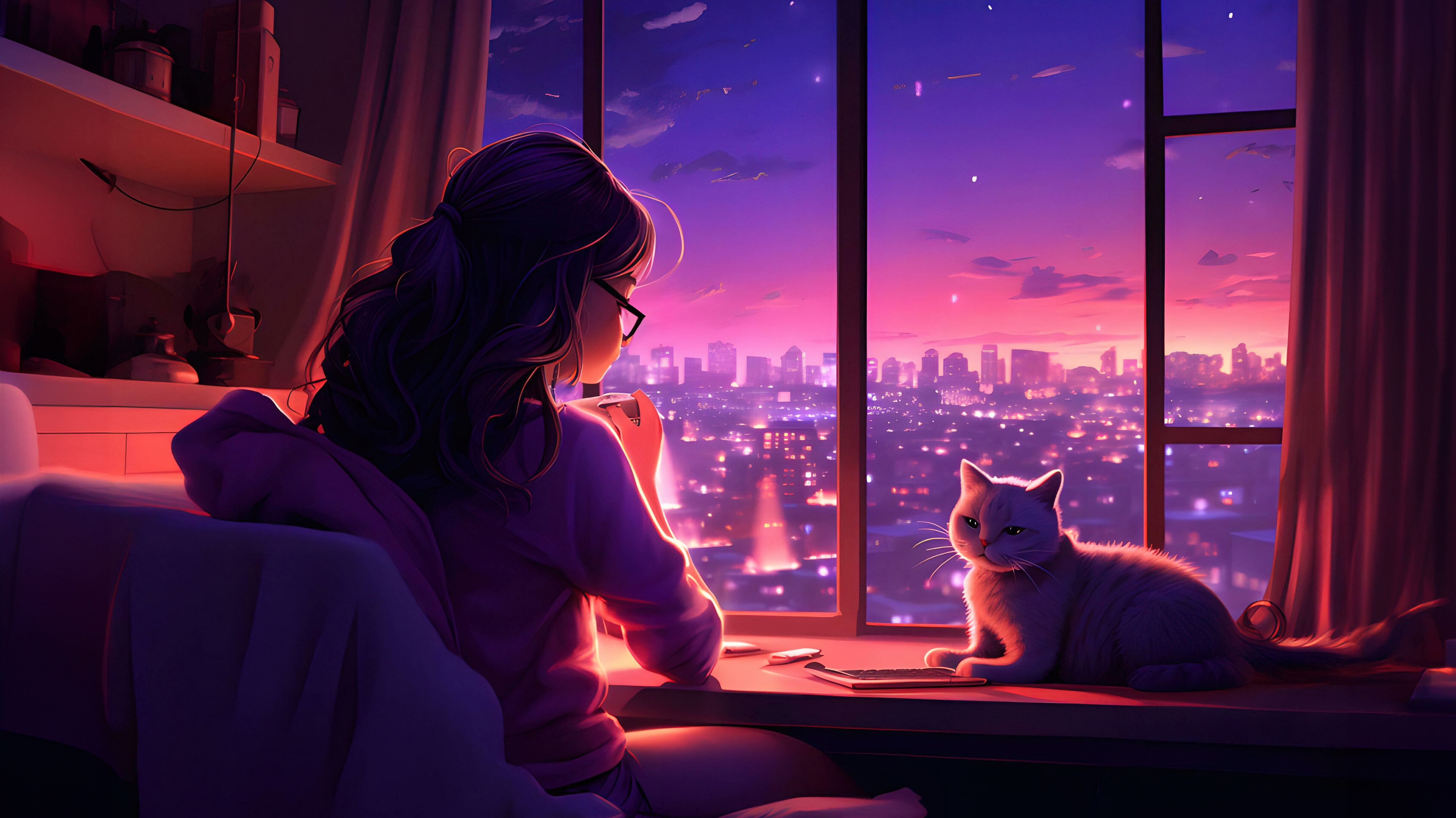 Lofi girl, Acogedor, Gato, Ventana, Sola, Estética