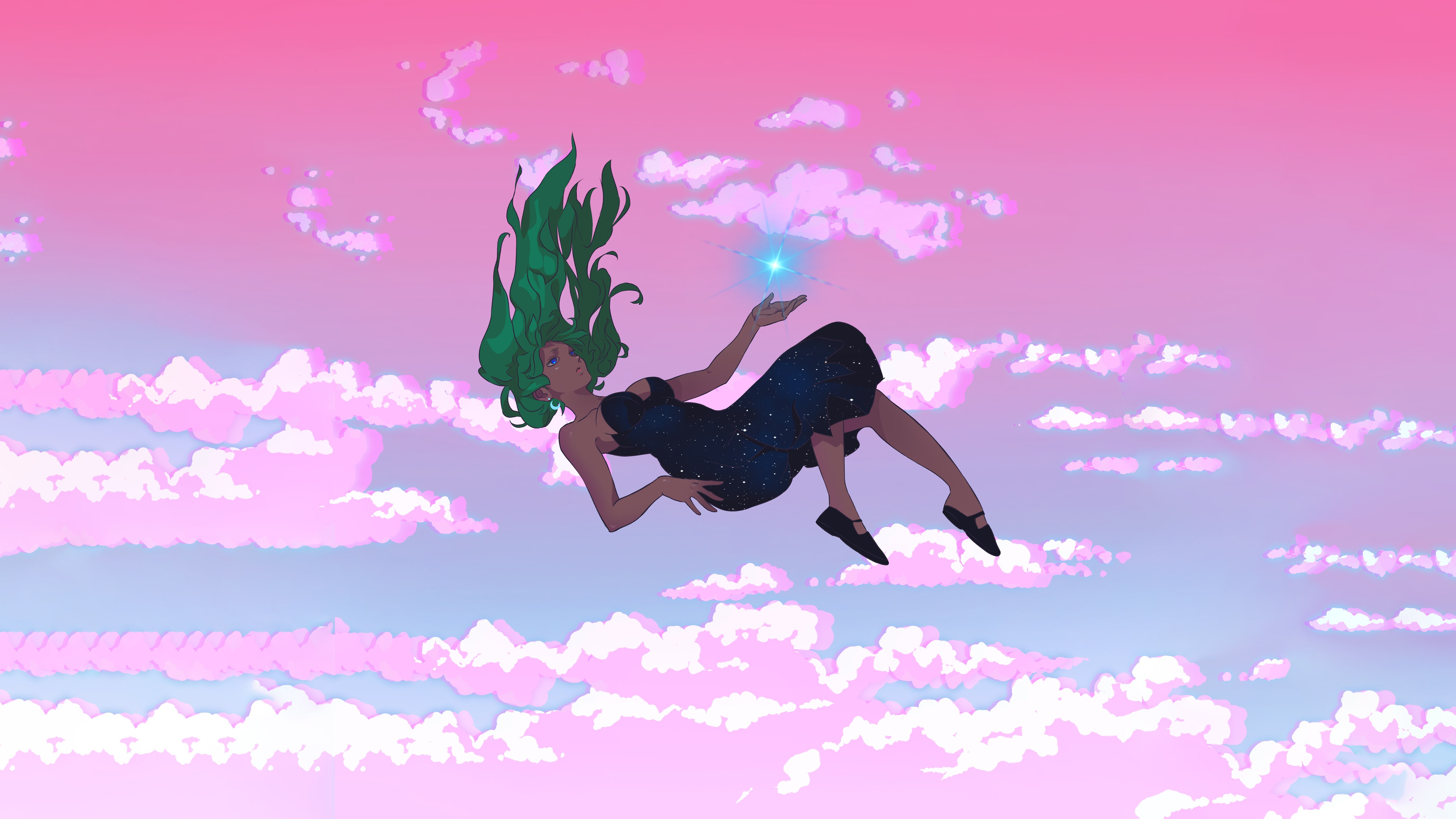 Lofi girl, Cayendo, De ensueño, Mágico, 5K, Cielo rosa