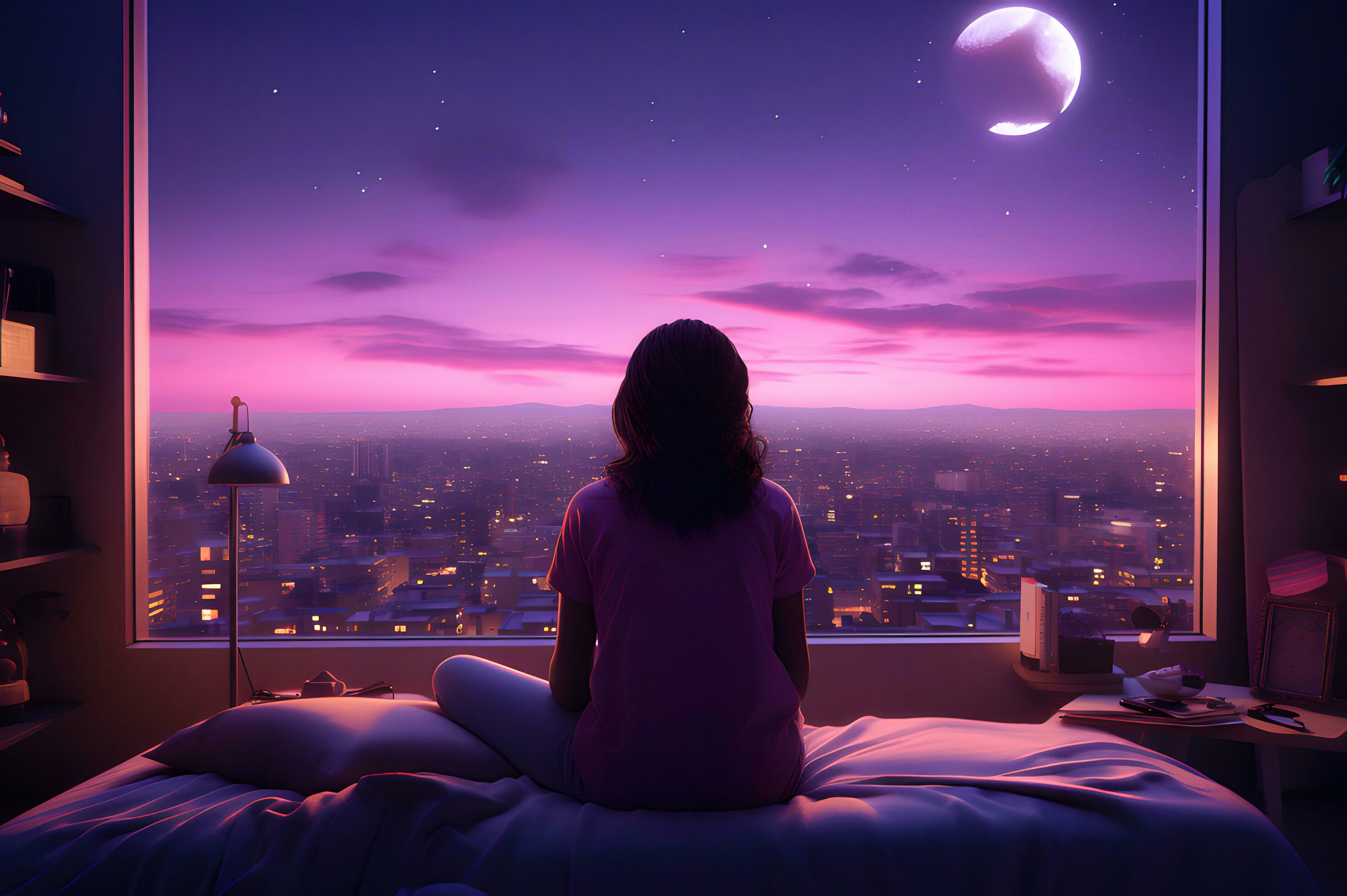 Lofi girl, Sola, Noche, 5K, Chica urbana, Arte con IA, Ventana