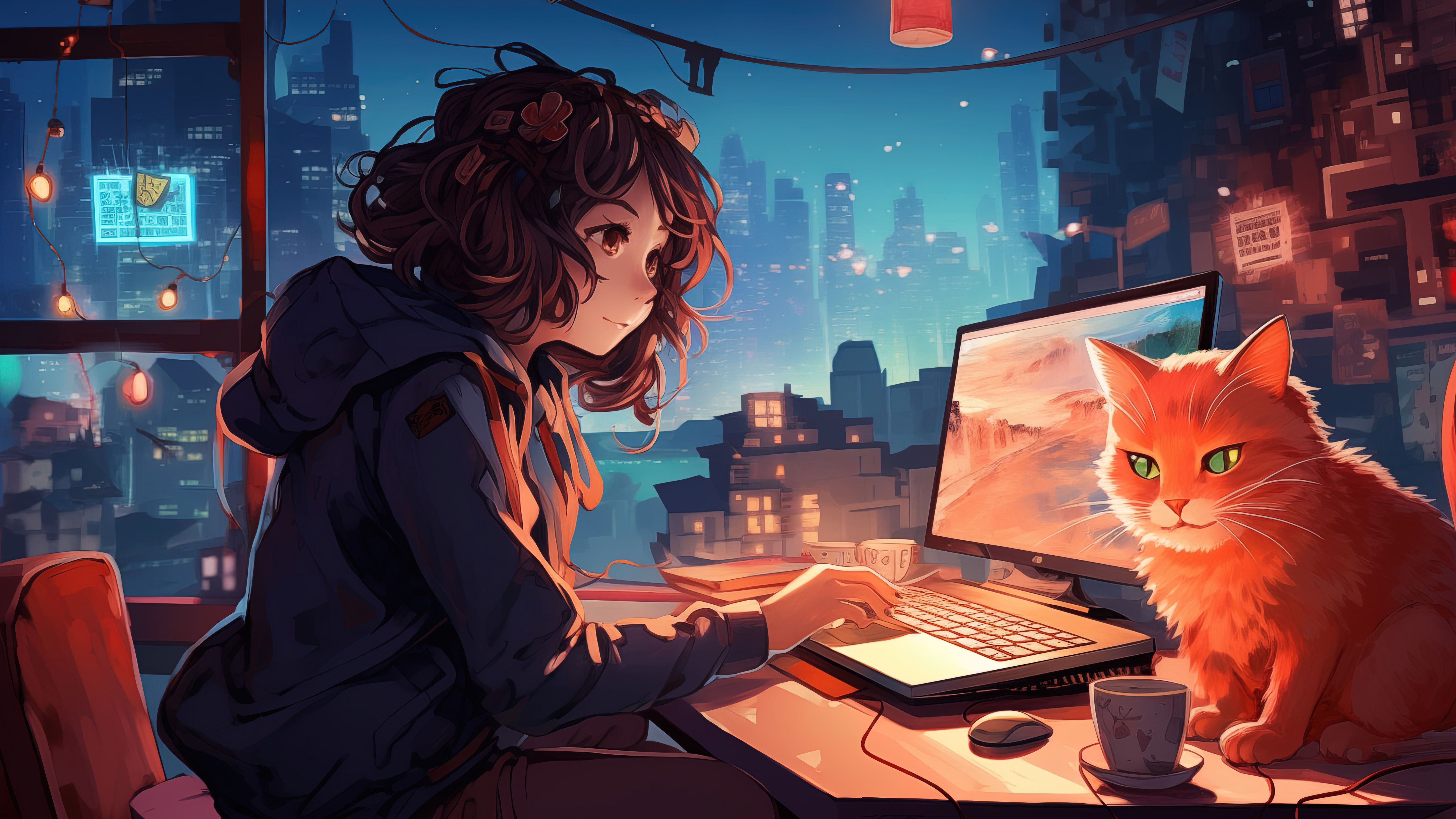 Lofi girl, Trabajando, Noche, 5K, Chica anime