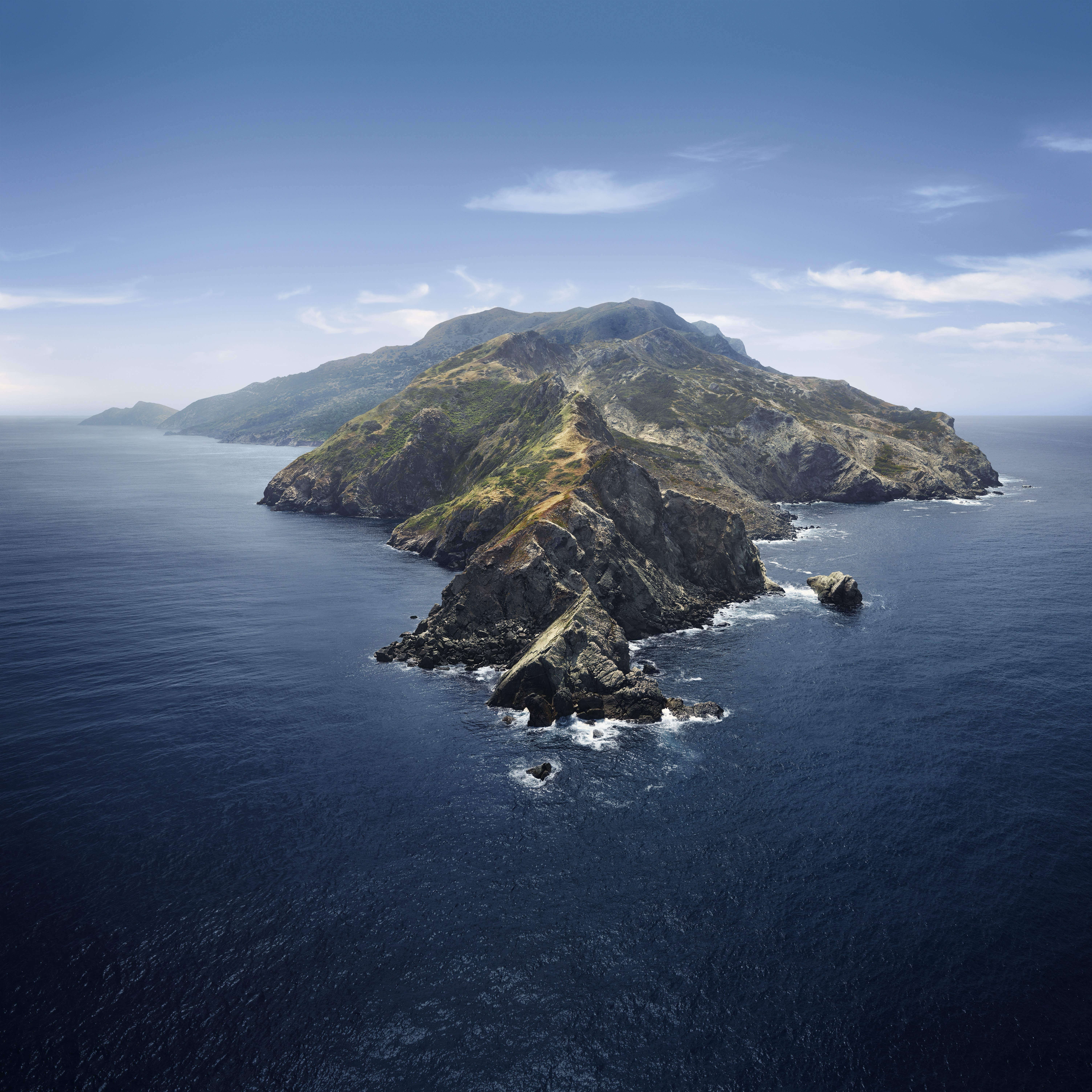macOS Catalina, Mañana, Montañas, Isla, Con niebla, Stock, 5K