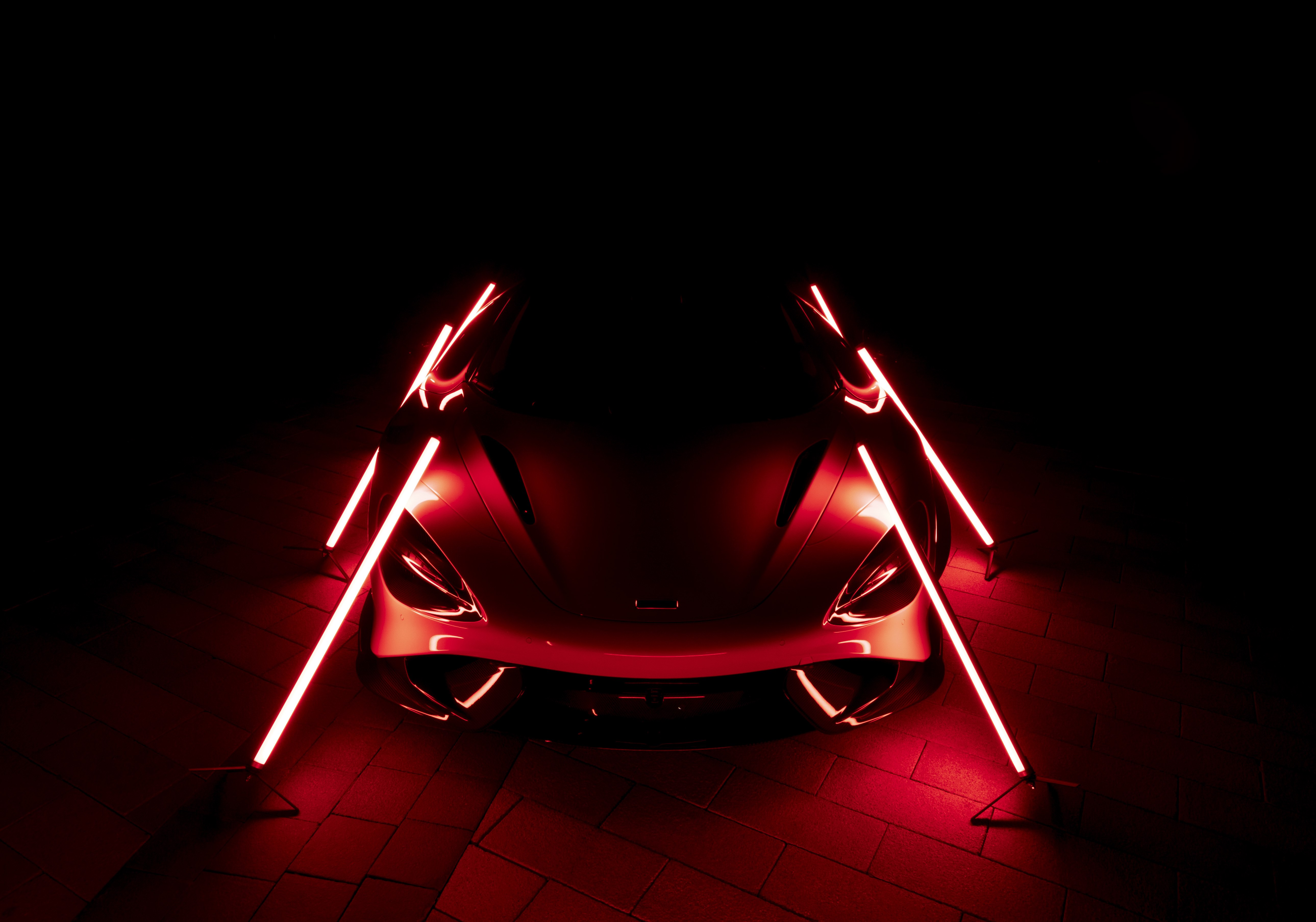 McLaren 765LT, Estética oscura, Superdeportivos, Fondo oscuro, 2021, 5K