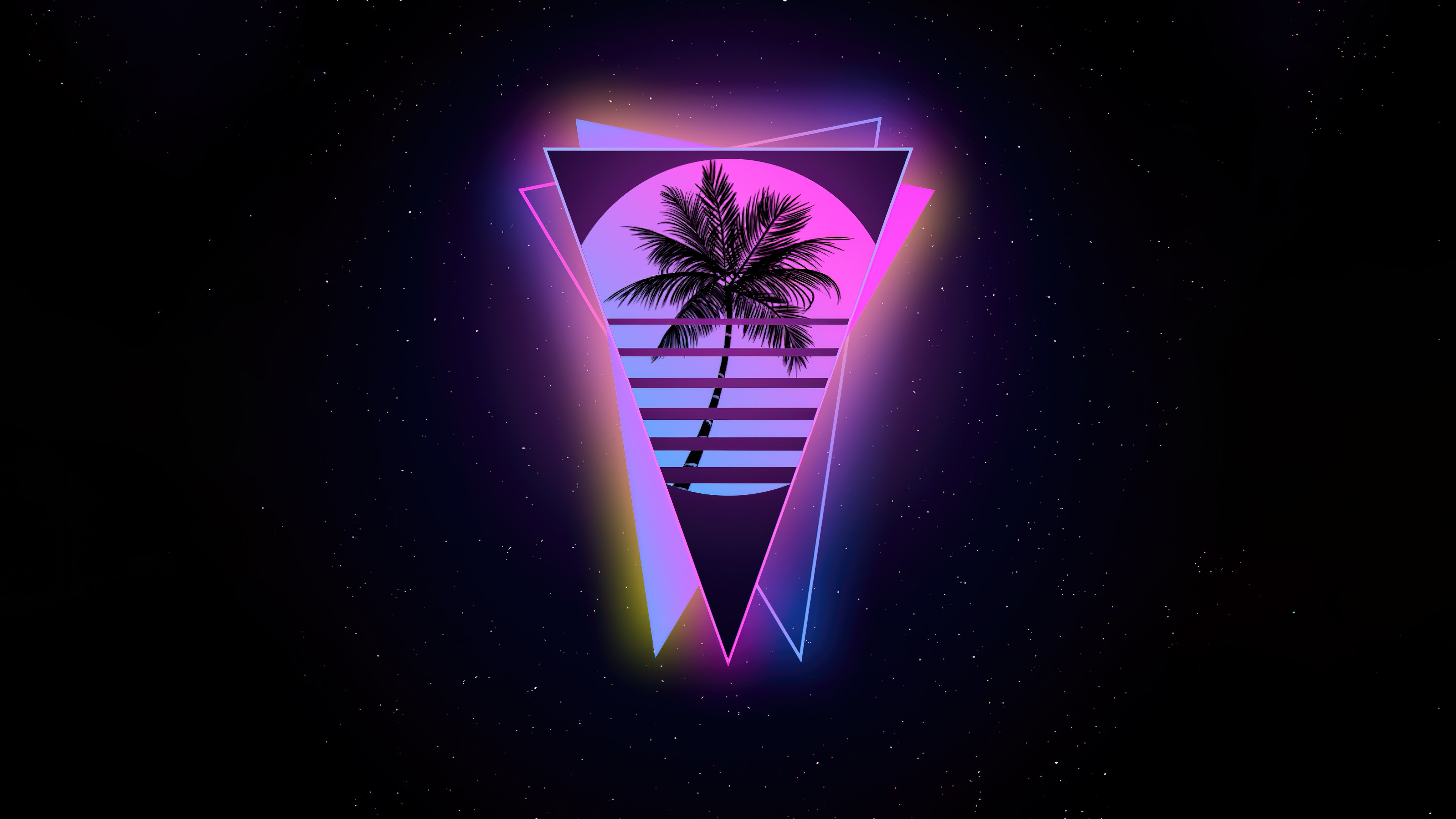 Miami, Outrun, Palmera, AMOLED, Fondo negro, Brillo de neón, Geométrico, Triángulos