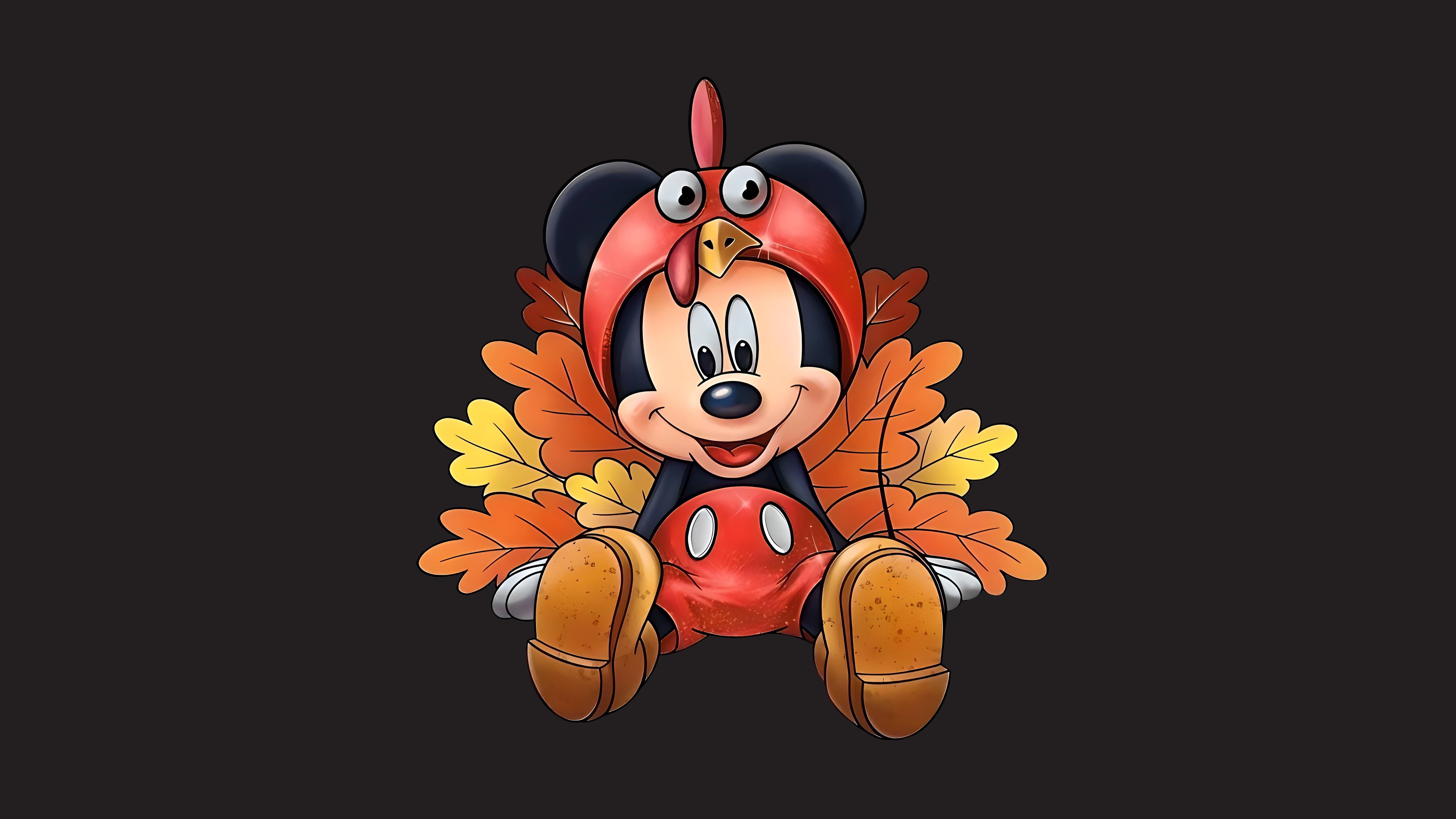 Mickey Mouse, Acción de Gracias, Disney, Pavo, 8K, Fondo oscuro, 5K