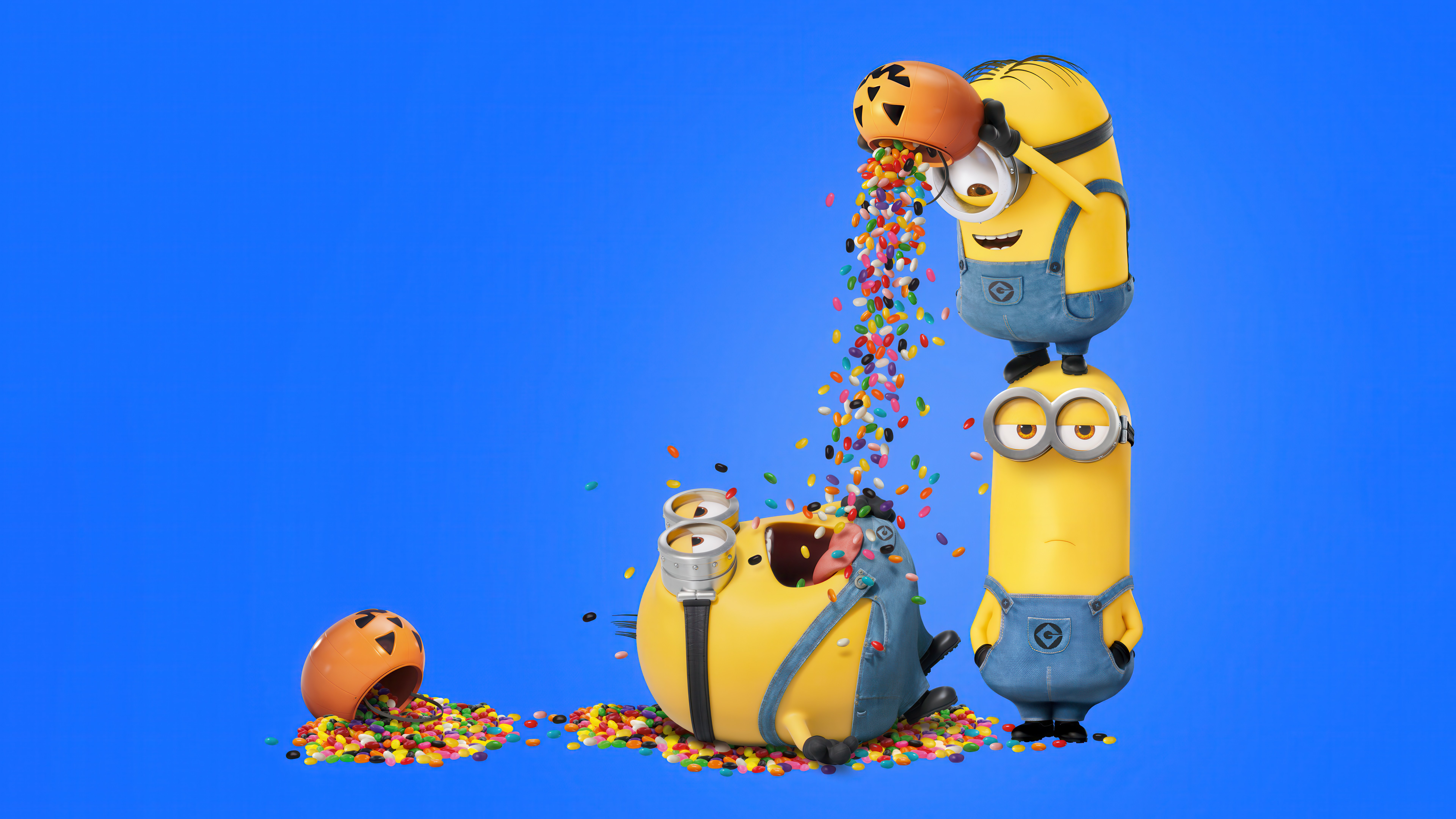 Minions, Fiesta de Halloween, Divertido, Fondo azul, 5K, 8K, Caramelos