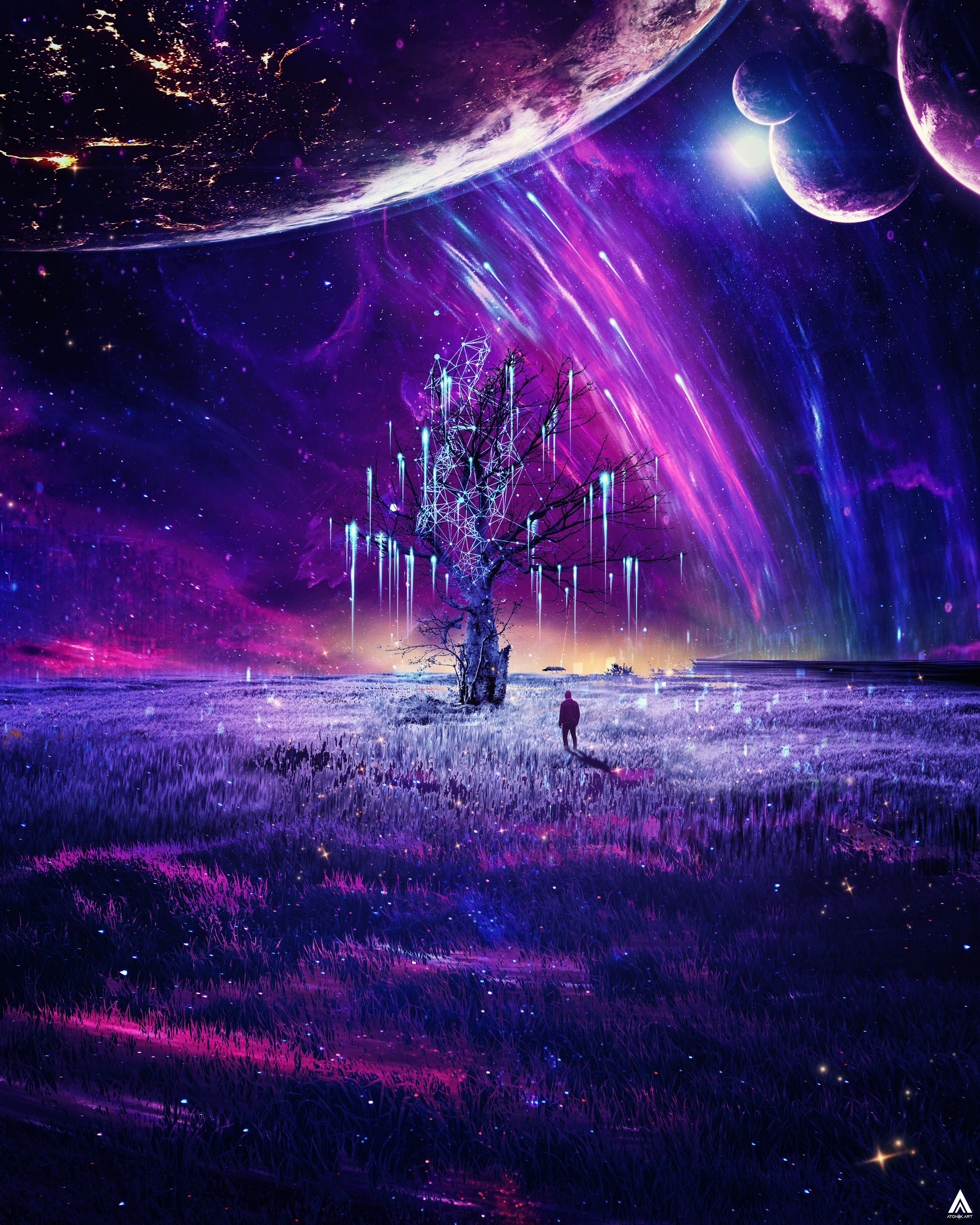 Místico, Surrealista, sueño, árbol, planetas, Arte digital, hombre, solo, psicodélico