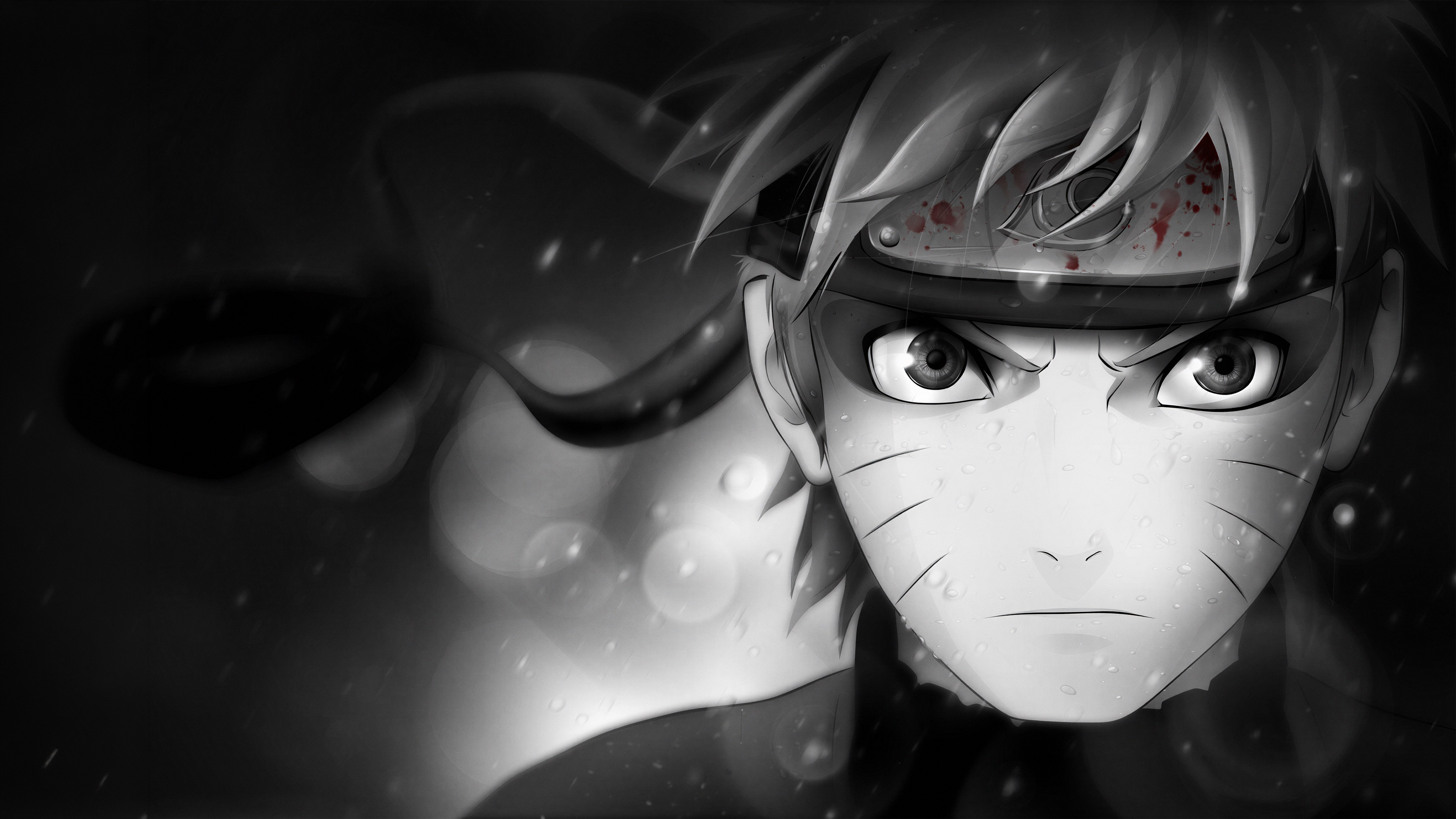 Naruto Uzumaki, Blanco y negro, 5K, Dramático, Primer plano, Fondo monocromo