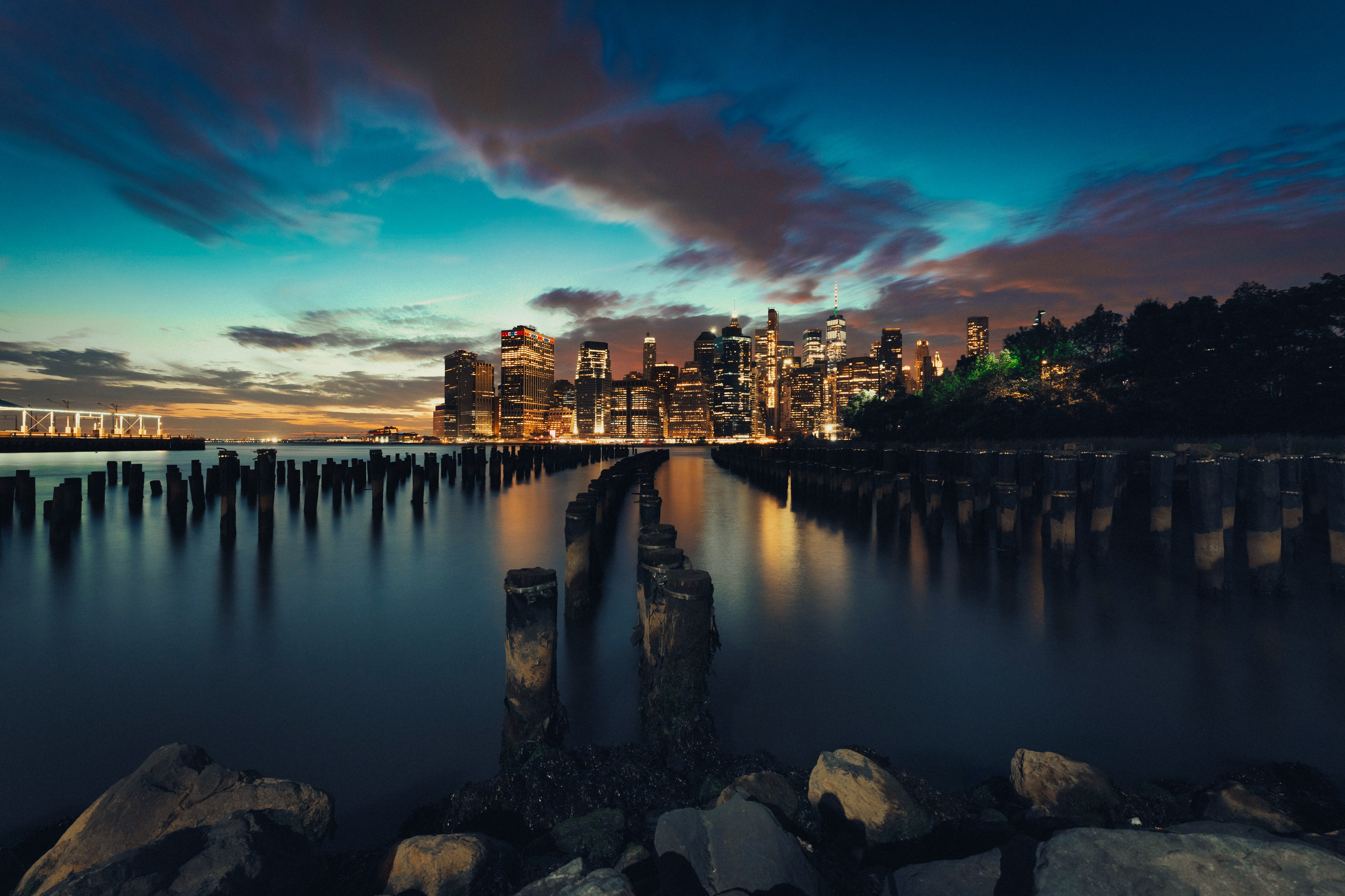 Nueva York, Atardecer, Crepúsculo, Atardecer, Luces de la ciudad, EE. UU.