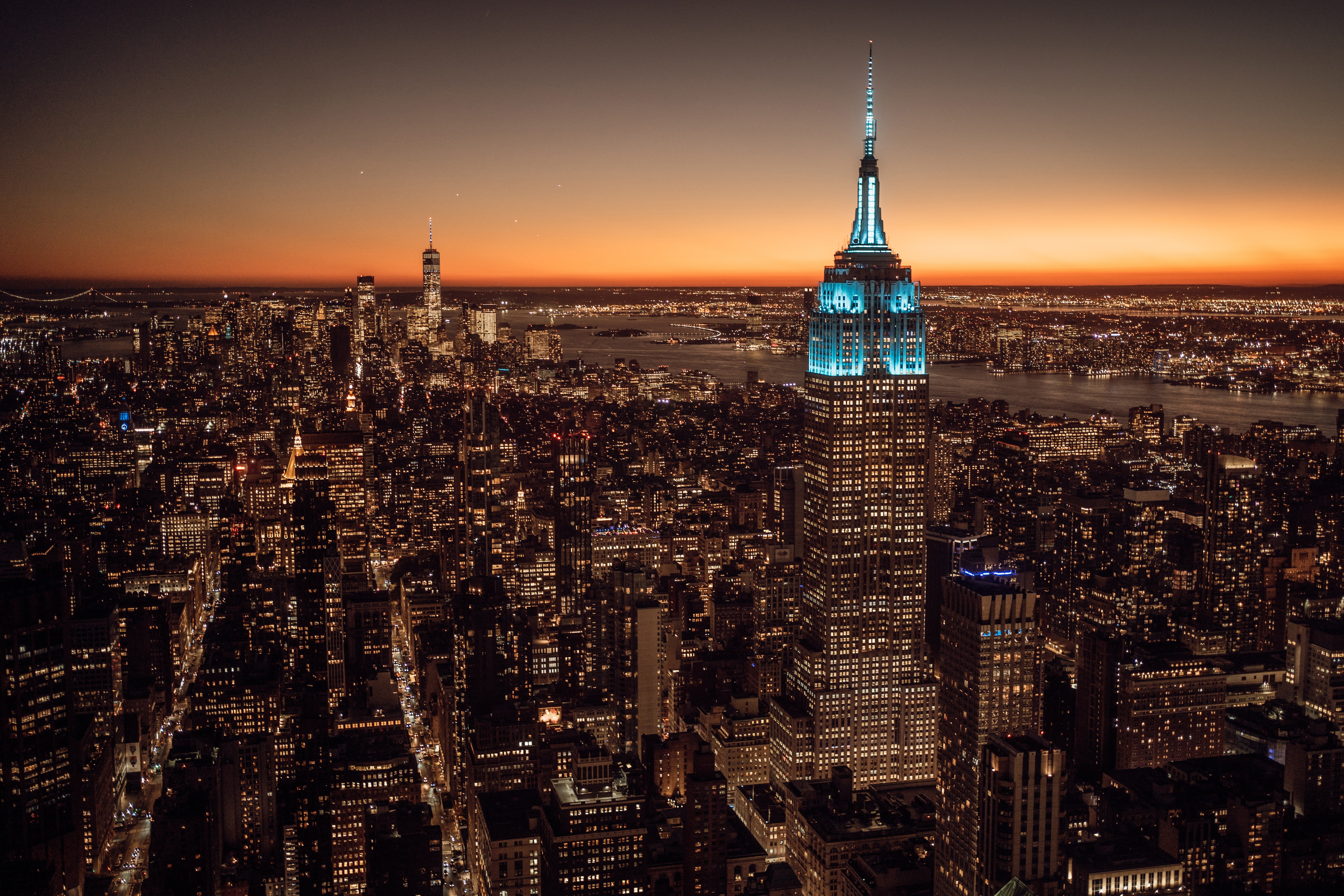 Nueva York, Empire State Building, Paisaje urbano, Luces de la ciudad, Atardecer, 5K