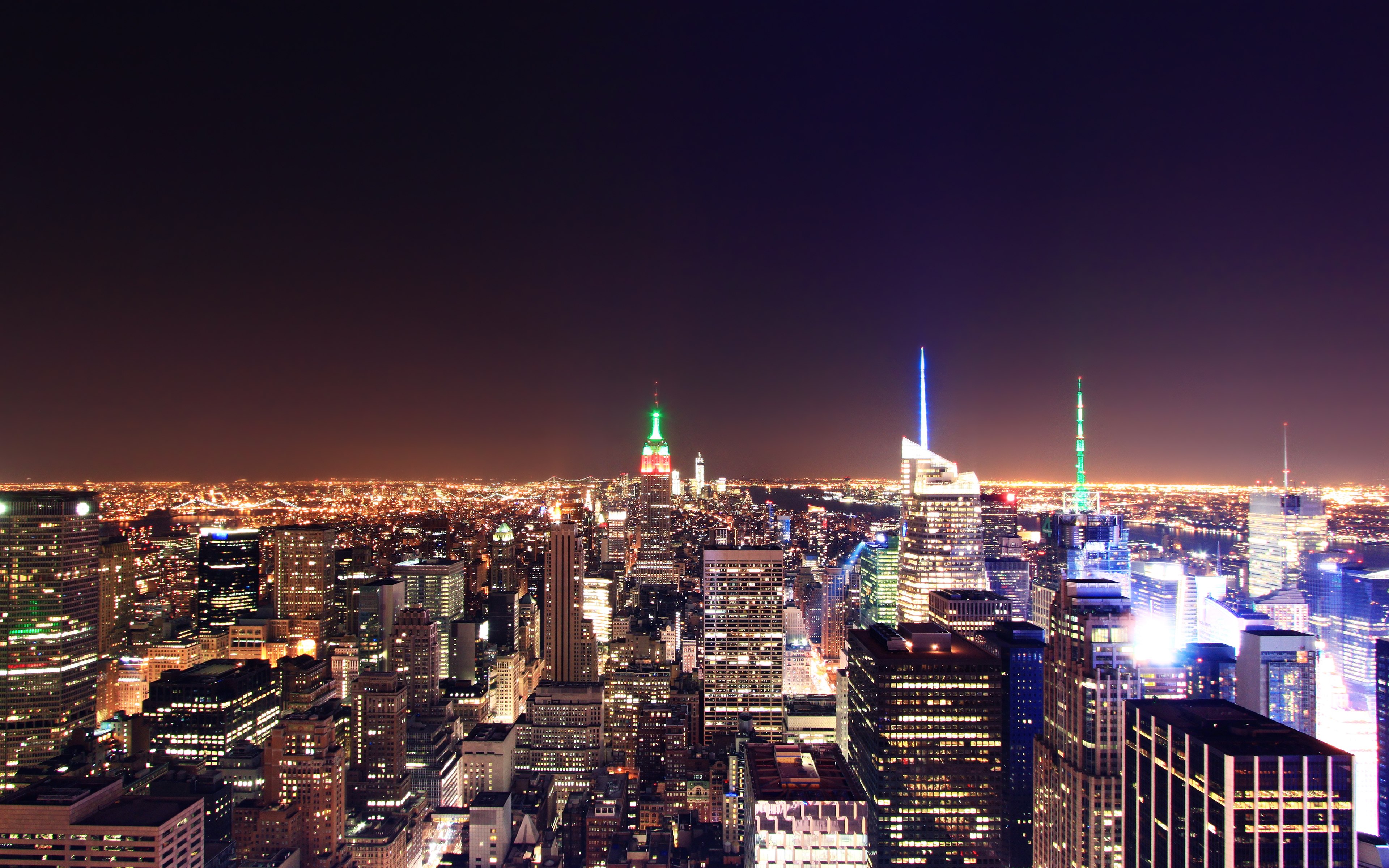 Nueva York, Luces nocturnas, Paisaje urbano, Luces de la ciudad, De noche, Skyline de la ciudad, Horizonte, Larga exposición, Monumento, Vista aérea, Rockefeller Center