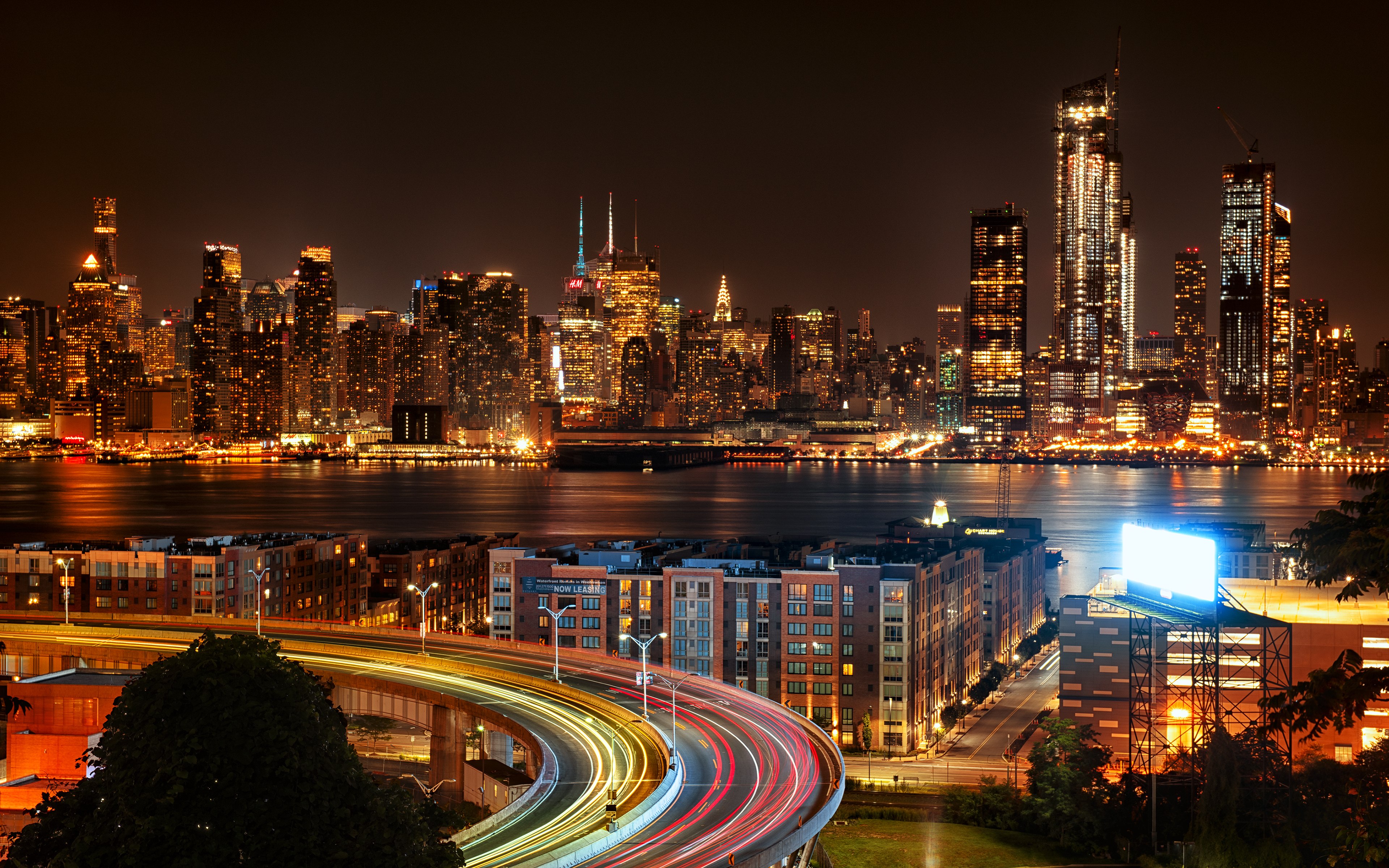 Nueva York, Nueva Jersey, Paisaje urbano, Luces de la ciudad, Noche, Rascacielos, Larga exposición, Carreteras