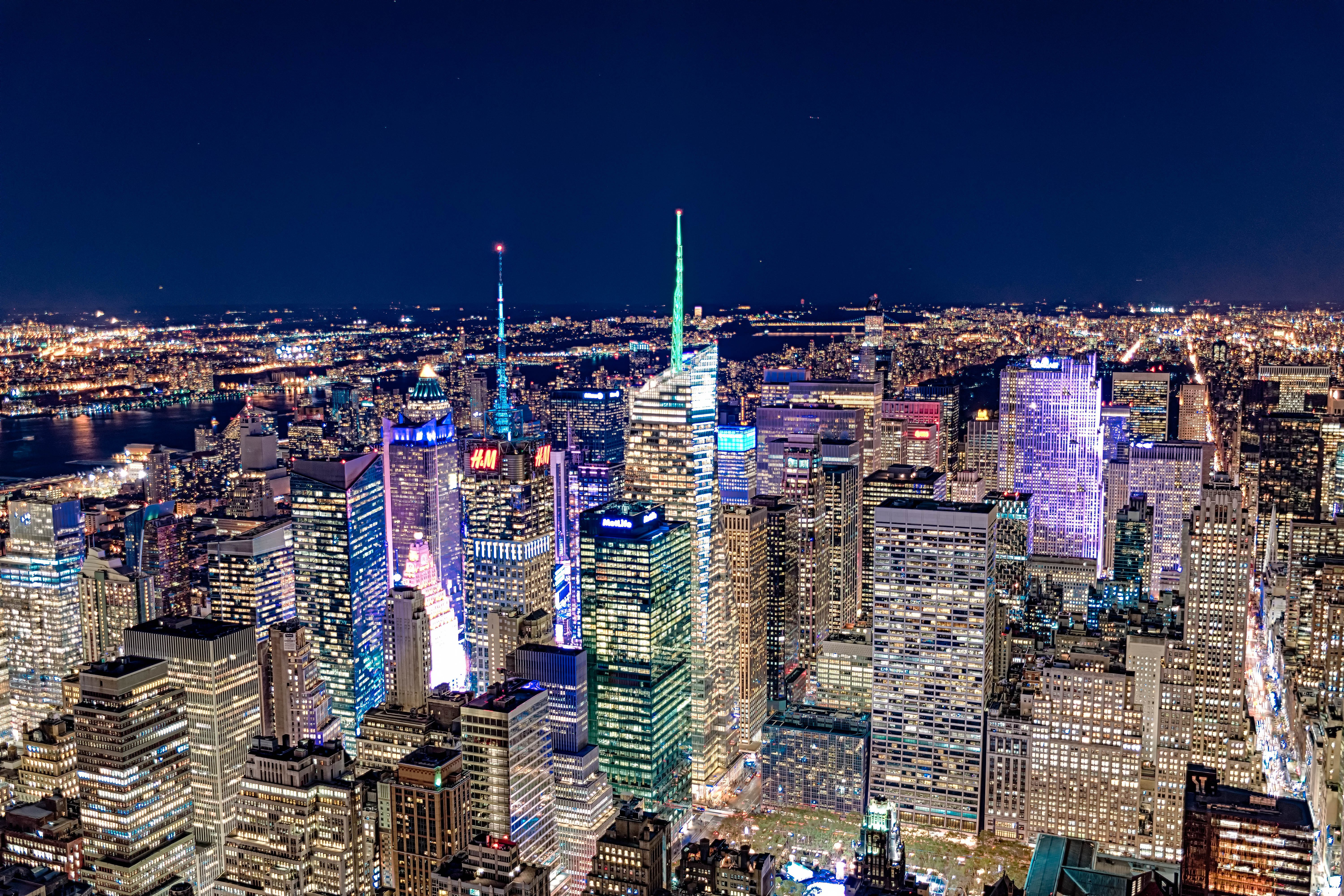 Nueva York, Paisaje nocturno, Skyline, Urbano, Paisaje urbano, Ciudad nocturna, Luces de la ciudad, 5K, EE. UU.