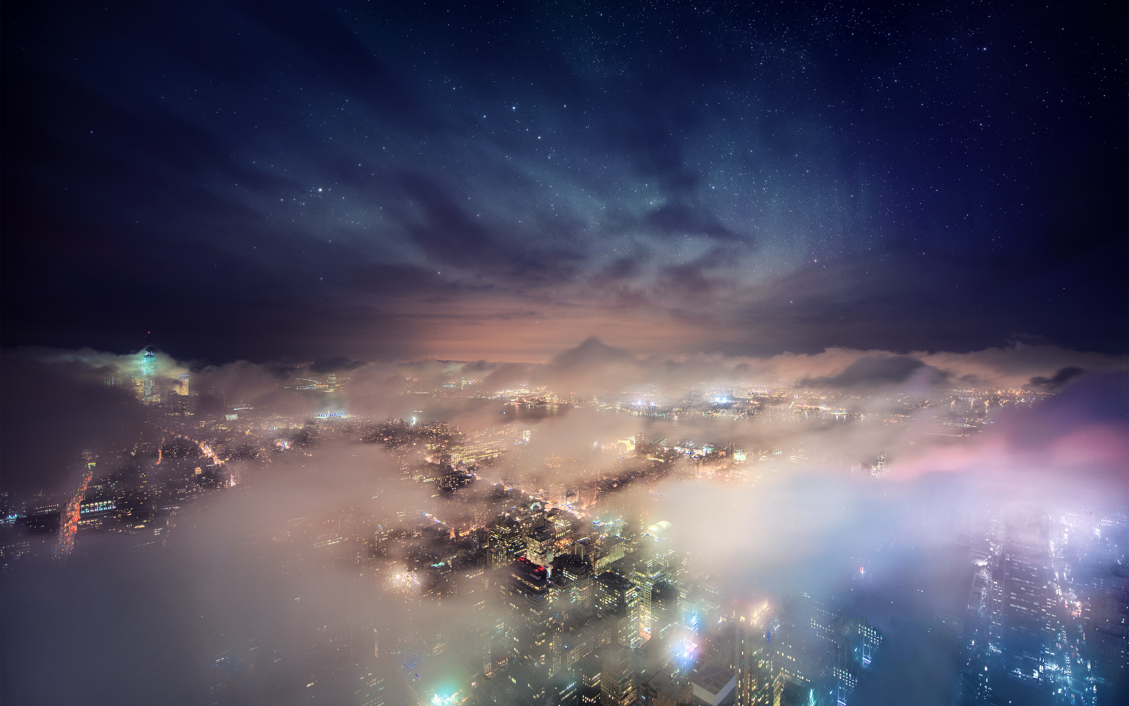 Nueva York, Sobre las nubes, Paisaje urbano, Luces de la ciudad, Vista aérea, Skyline, Larga exposición, Nubes, Cielo estrellado, Rascacielos, Composición digital