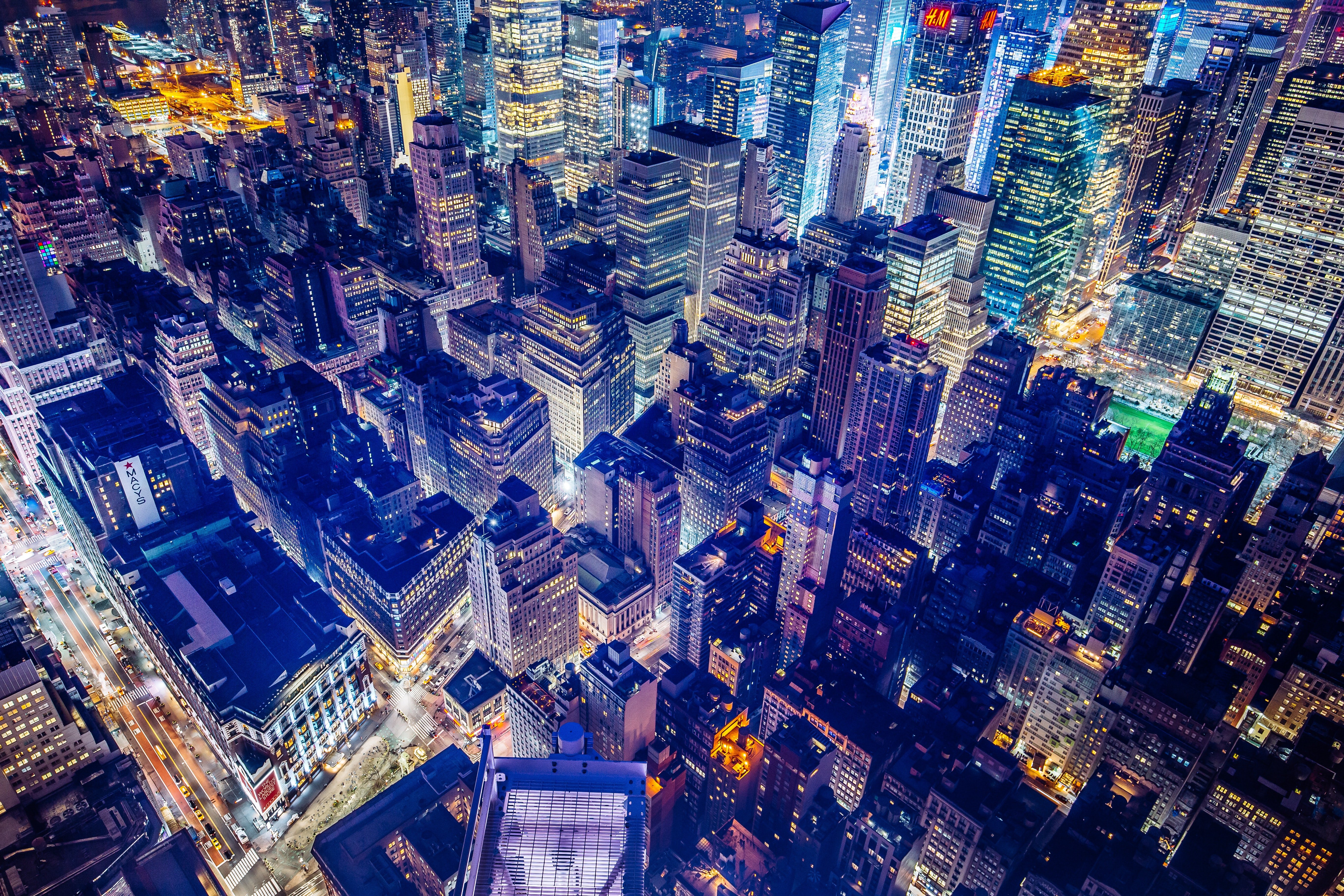Nueva York, Vista aérea, 5K, Estados Unidos, Ciudad nocturna, Luces de la ciudad, Paisaje urbano, Rascacielos