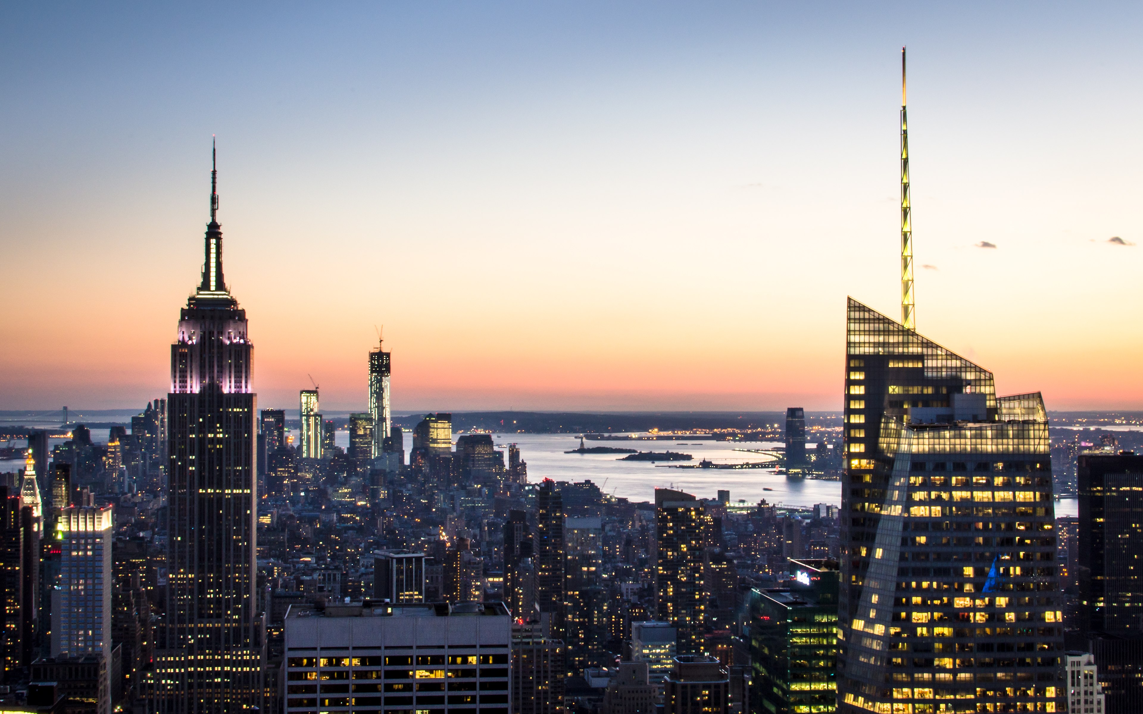 Nueva York, Vista aérea, Paisaje urbano, Luces de la ciudad, Monumento, Rockefeller Center, Skyline de la ciudad, Atardecer, Rascacielos, Anochecer, Horizonte, Edificio de gran altura