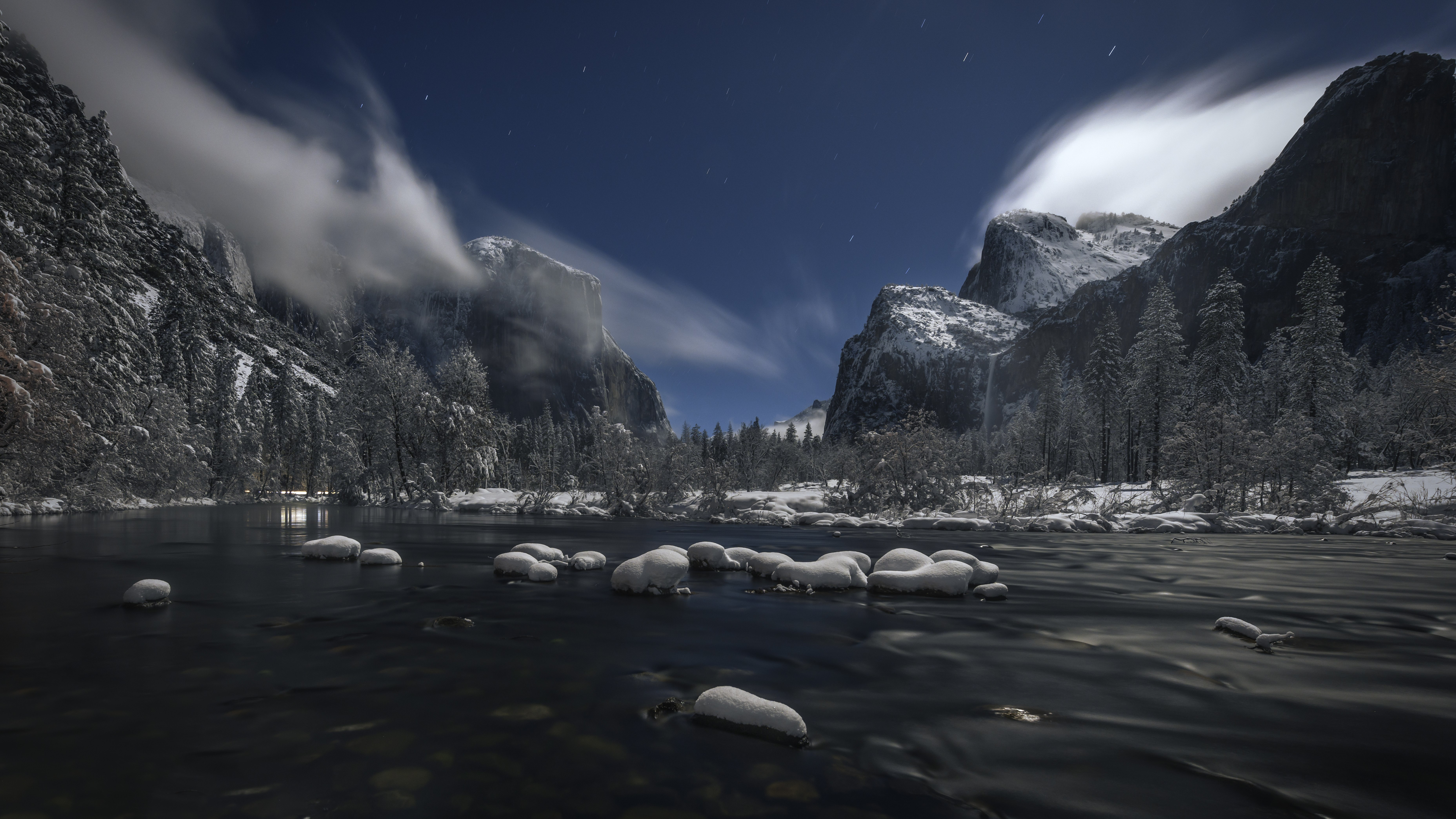 Parque Nacional de Yosemite, Paisaje, Invierno, Río, Anochecer, 5K, 8K
