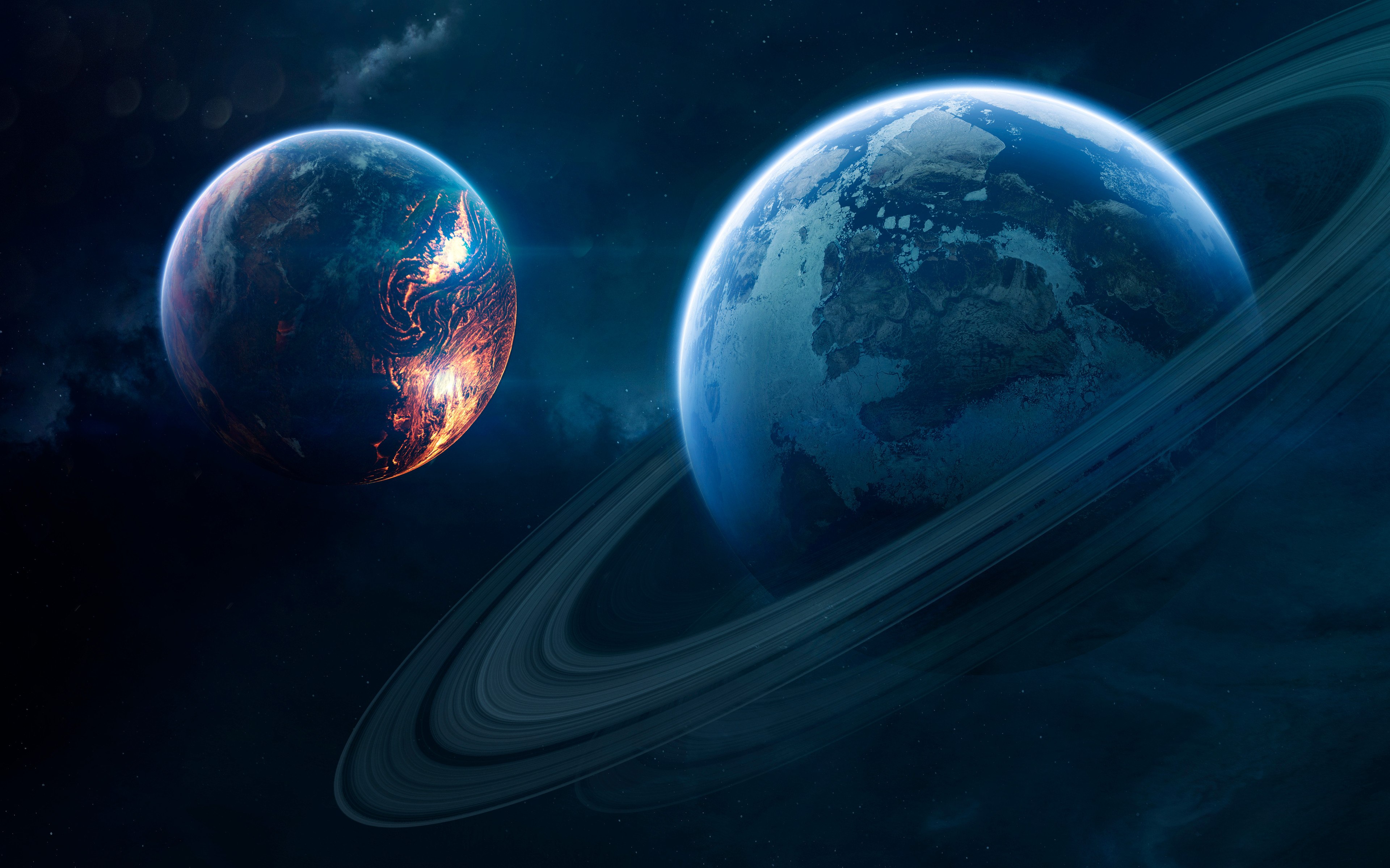 Planeta azul, Anillo orbital, Planeta rojo, Estrellas, Galaxia